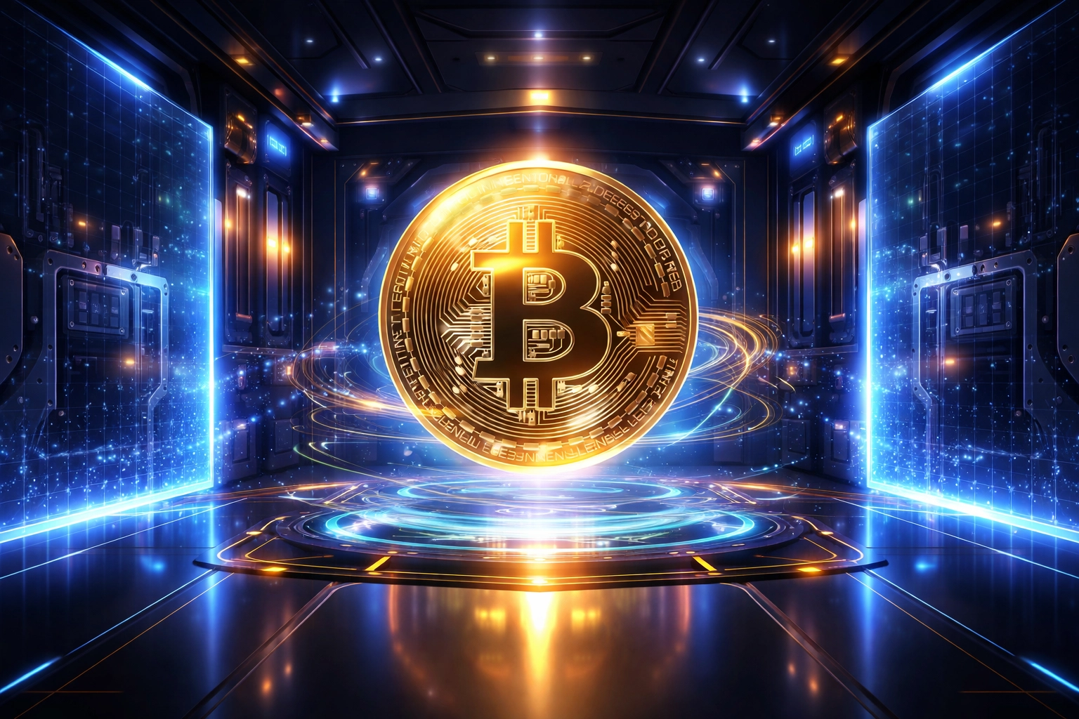 Glowing Bitcoin in a secure vault setting with digital safeguards, representing institutional cryptocurrency investment and secure digital asset allocation