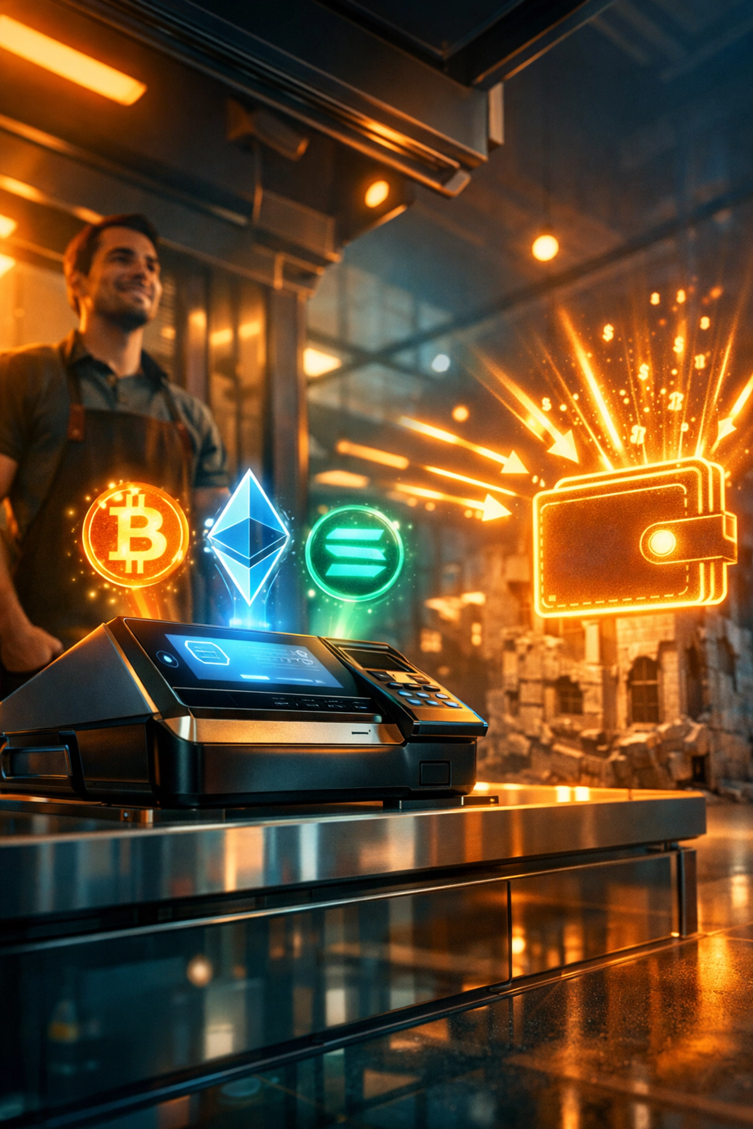 Small business storefront with crypto POS terminal accepting Bitcoin and cryptocurrency payments directly to merchant wallet