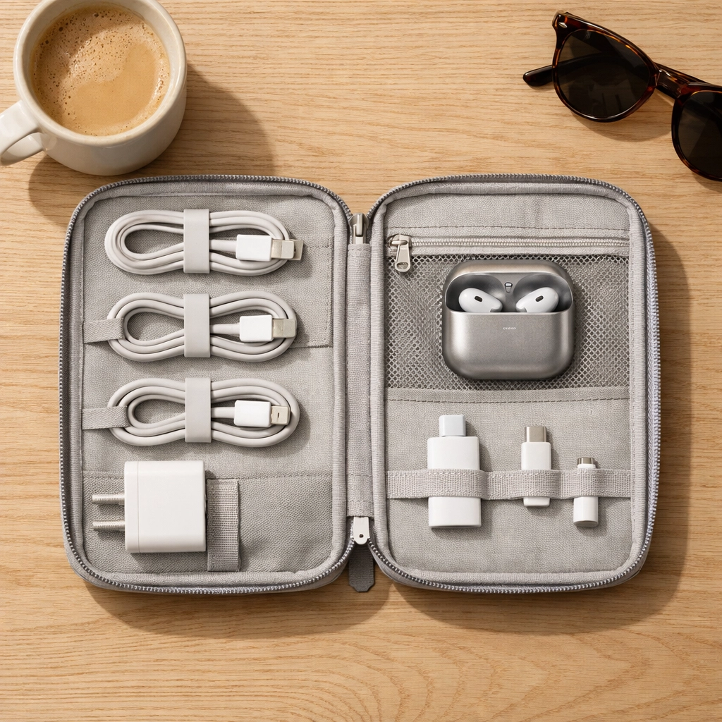 Open electronics organizer with neatly coiled charging cables and travel tech accessories.