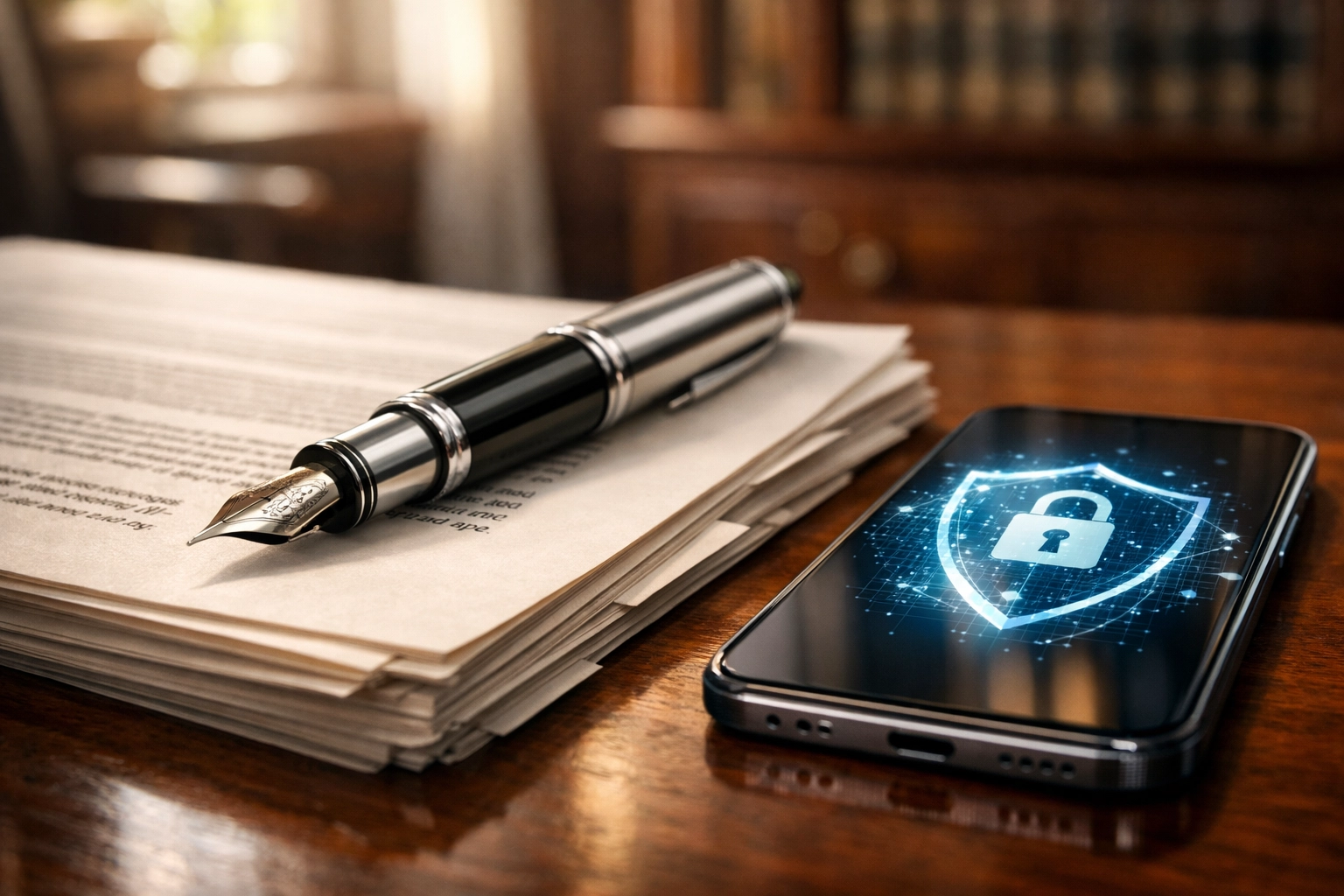 Legal documents and a secure digital device representing evidence admissibility in international legal cases.