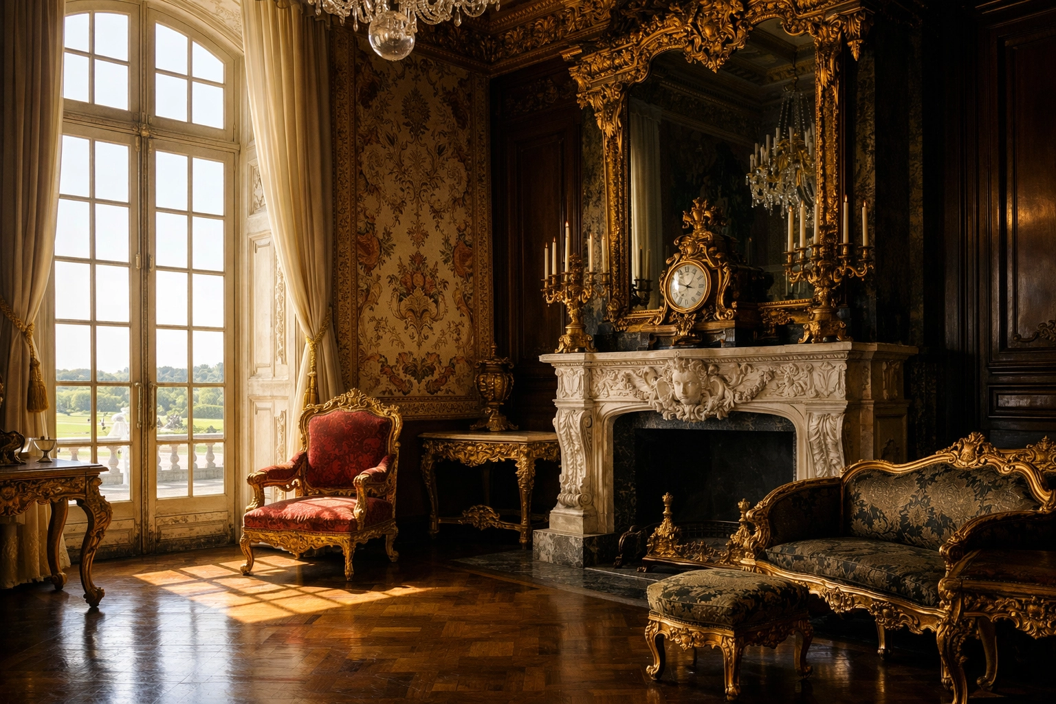 High-contrast interior room at Versailles showing gold leaf and royal furniture, a challenging photo spot for pros.