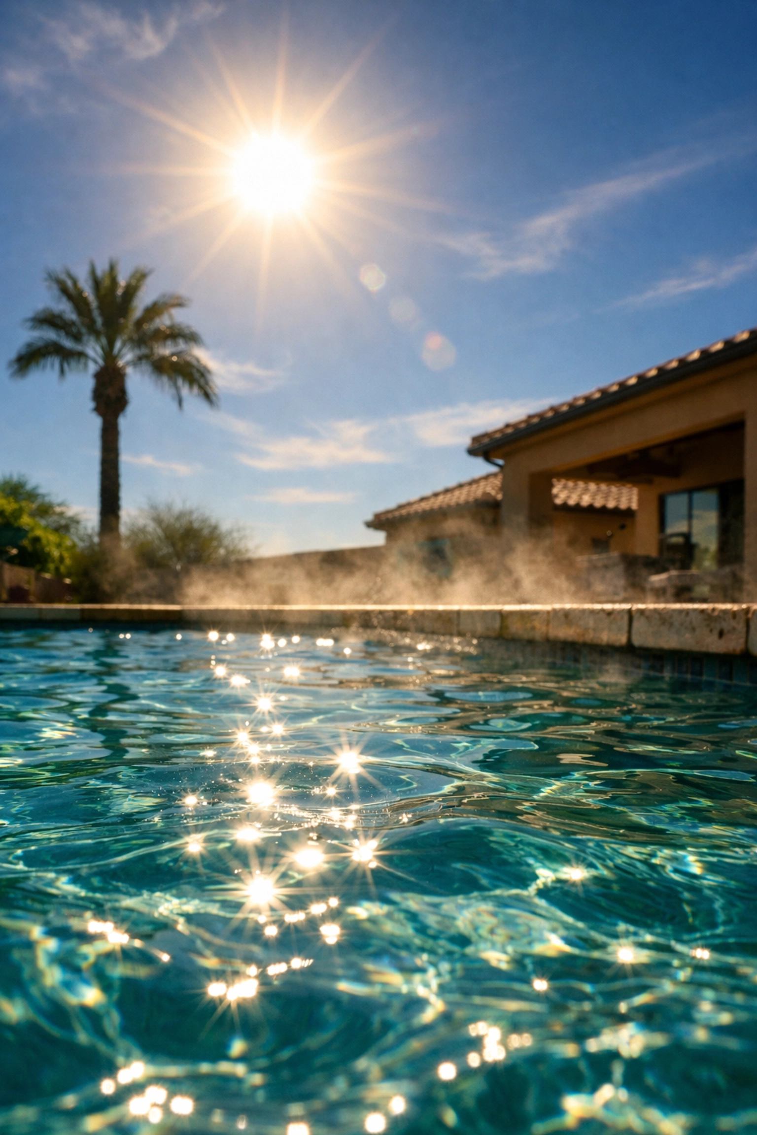 Intense Arizona sun reflecting on a Mesa swimming pool during a hot 94°F weekend rebound.