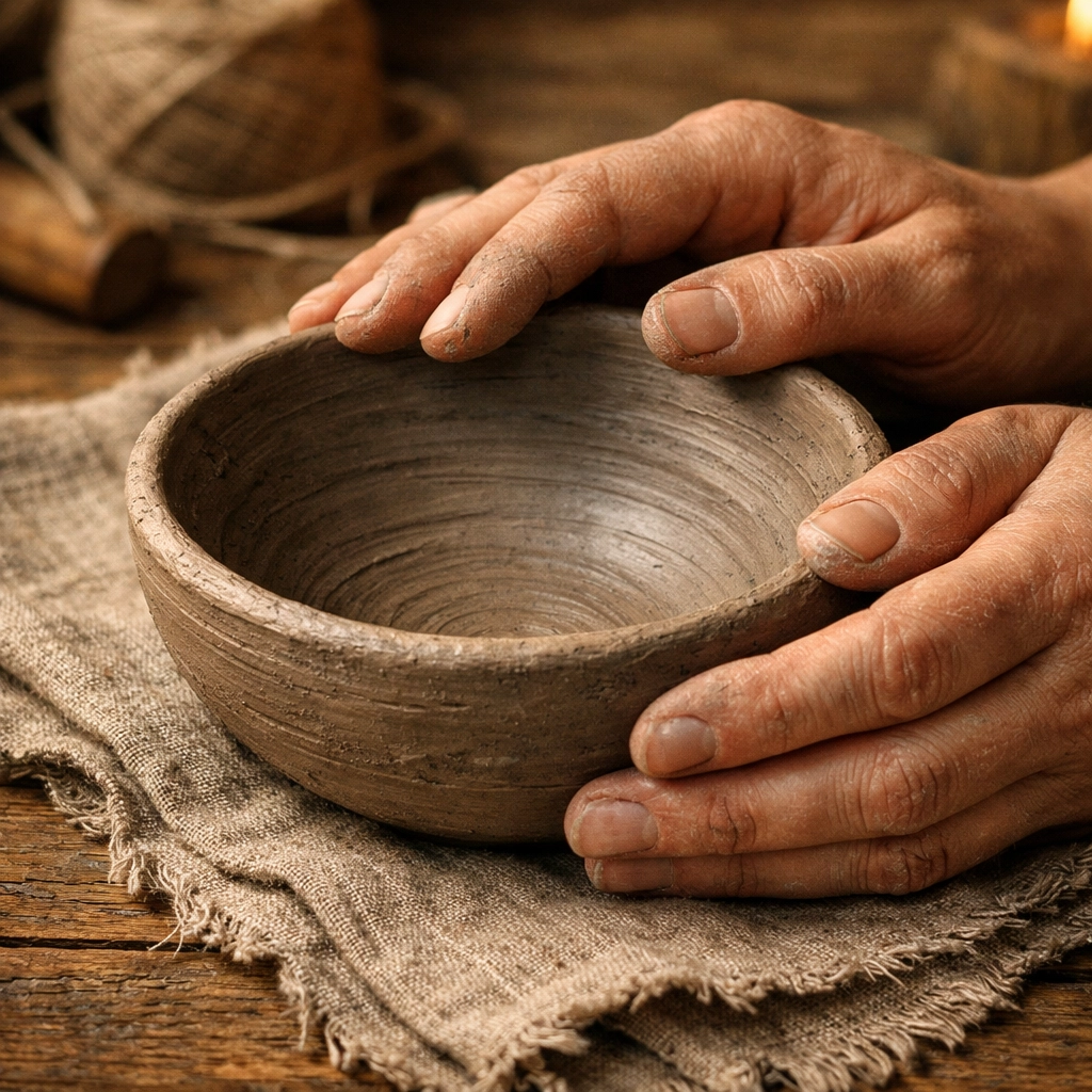 Tactile artisan gifts including a handmade clay bowl resting on a rustic linen cloth and wooden table.