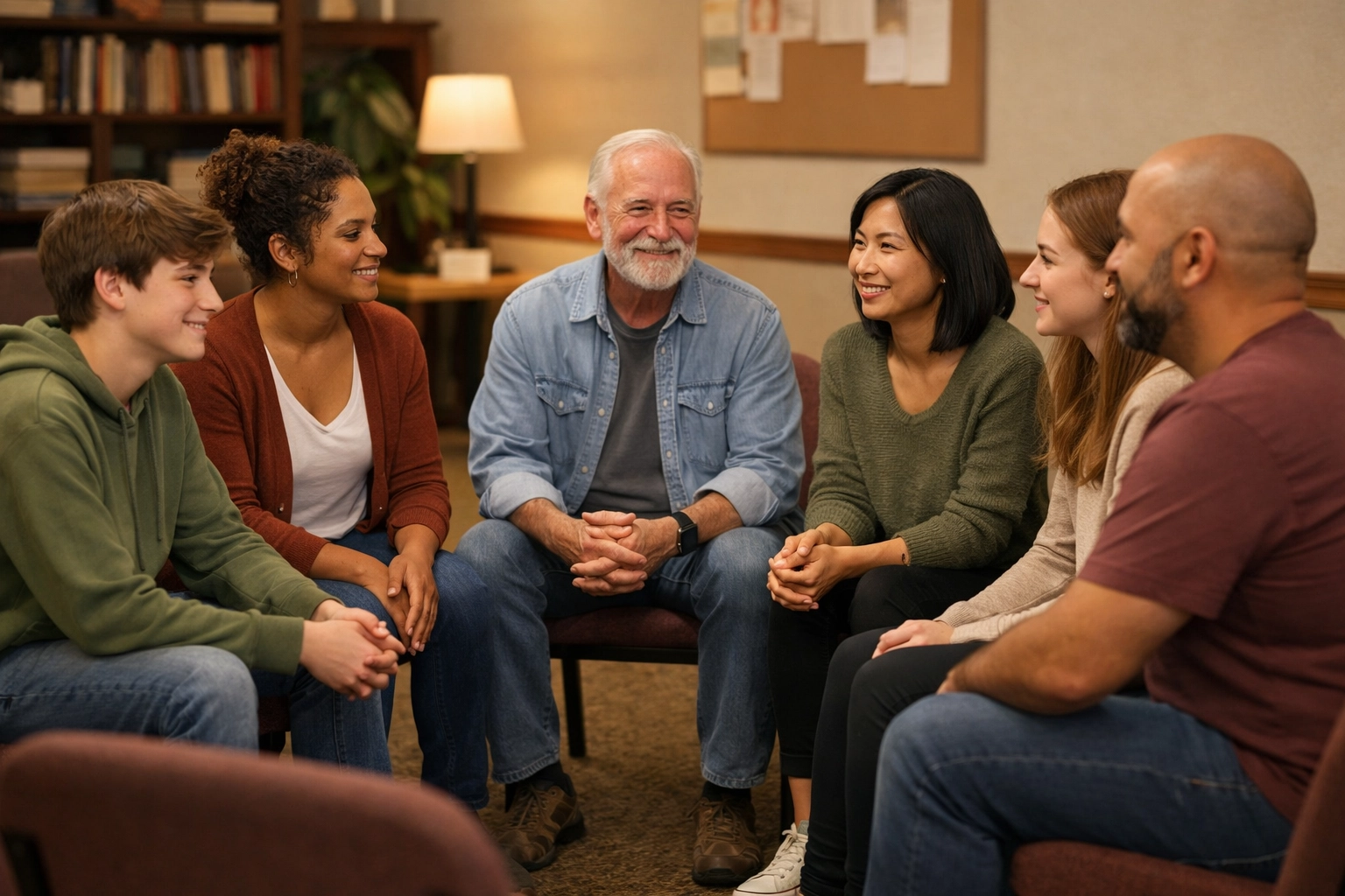 Diverse support group (including a teen) sharing understanding while waiting for an adult ADHD assessment.