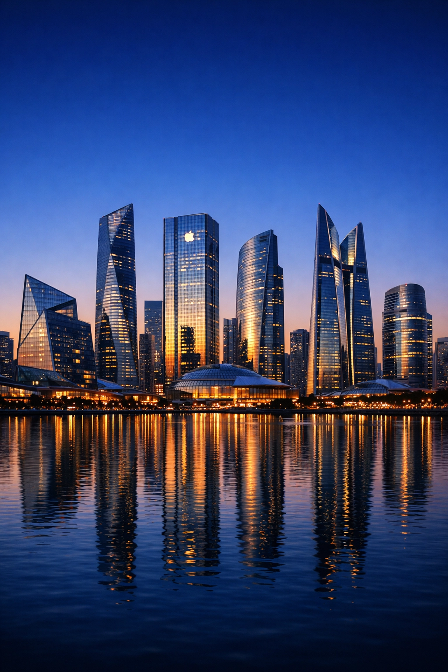 Modern tech hub skyline at dusk symbolizing the future of AI world simulation technology.