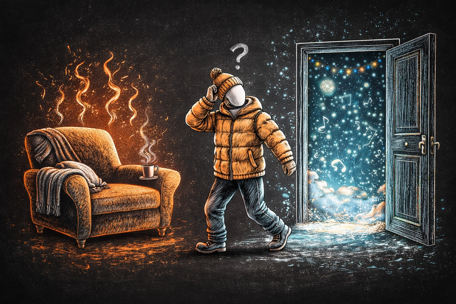 Illustration of a guest deciding between a warm armchair and braving snowy weather for a party