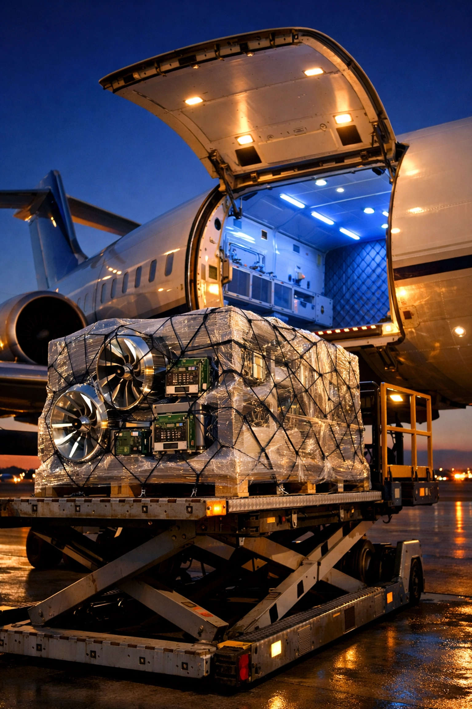 Air freight cargo aircraft loading automotive parts at airport with climate-controlled hold