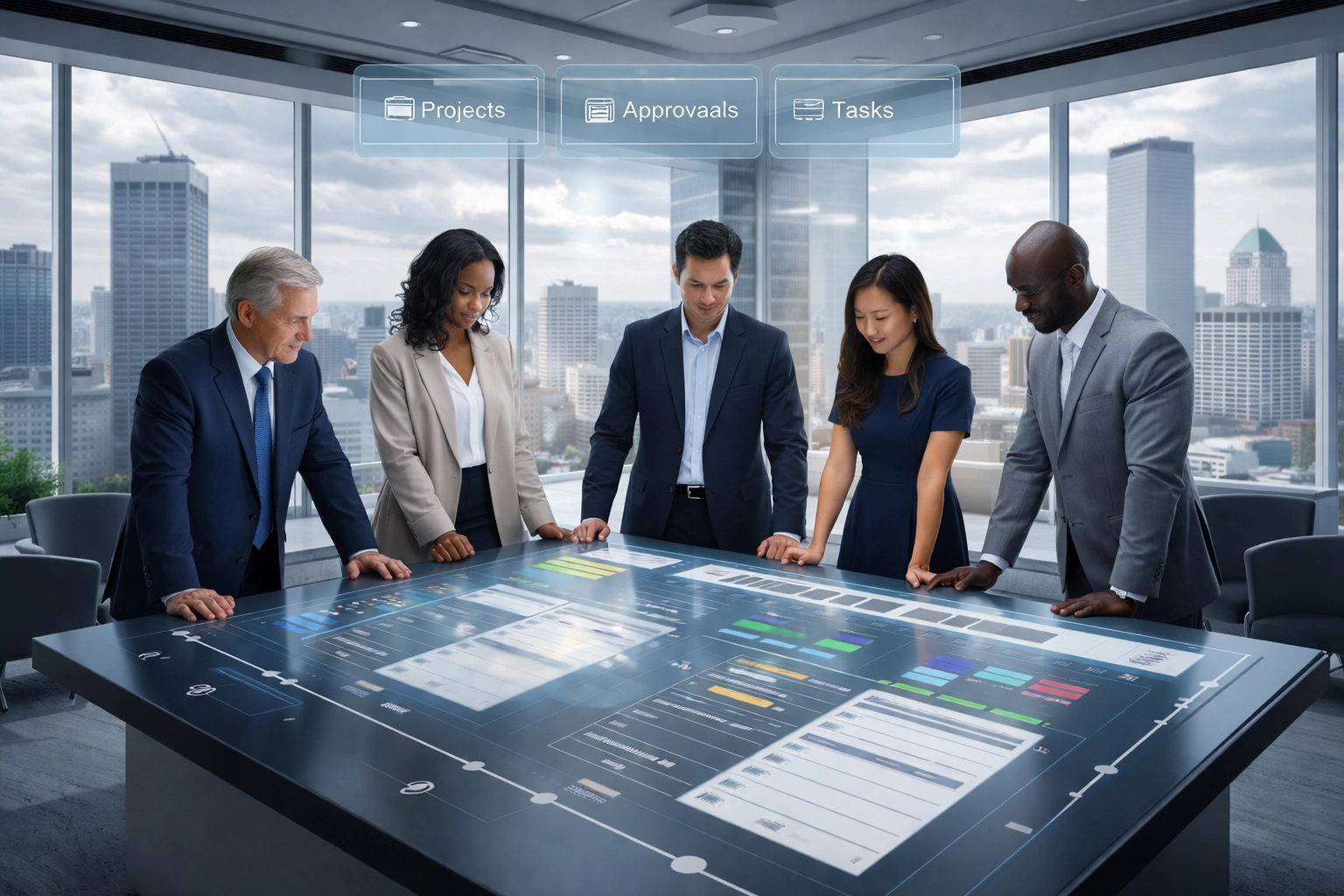 Leadership team collaborates in Boston war room, reviewing project dashboards and ownership for accountability