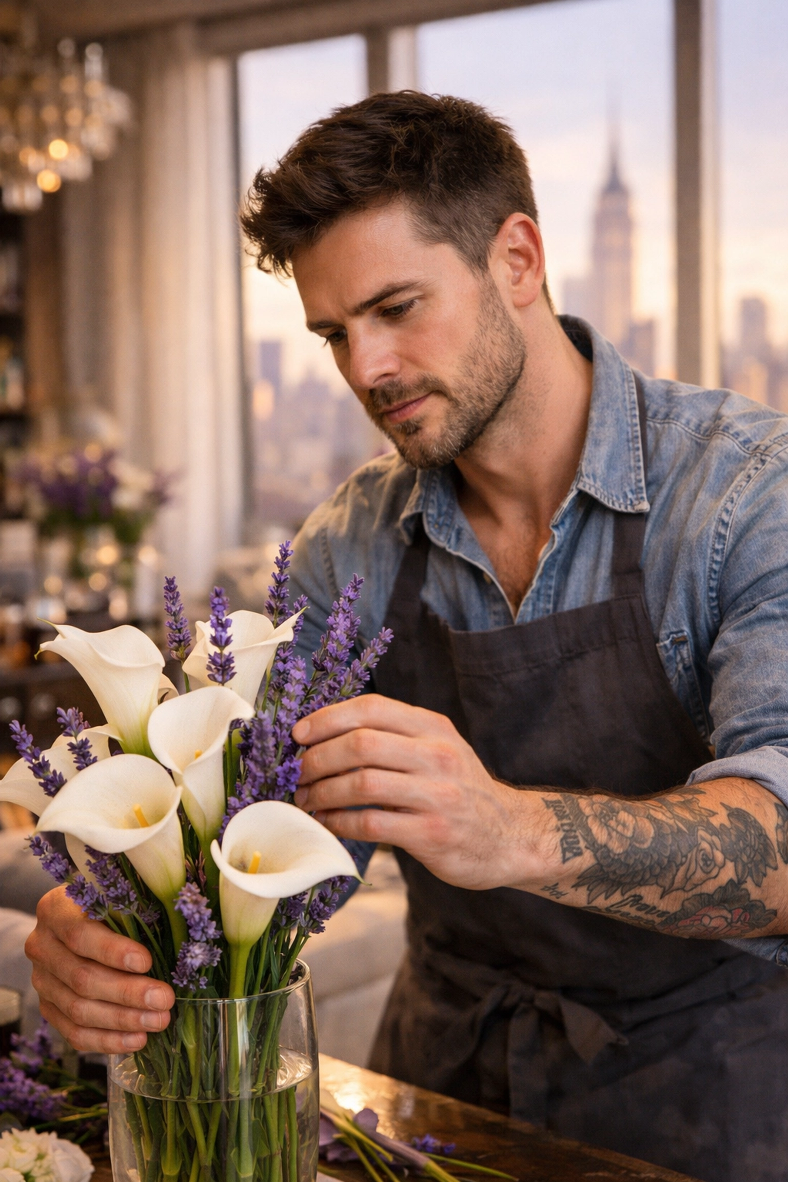 Gay florist arranging lavender and calla lilies for wealthy Manhattan client