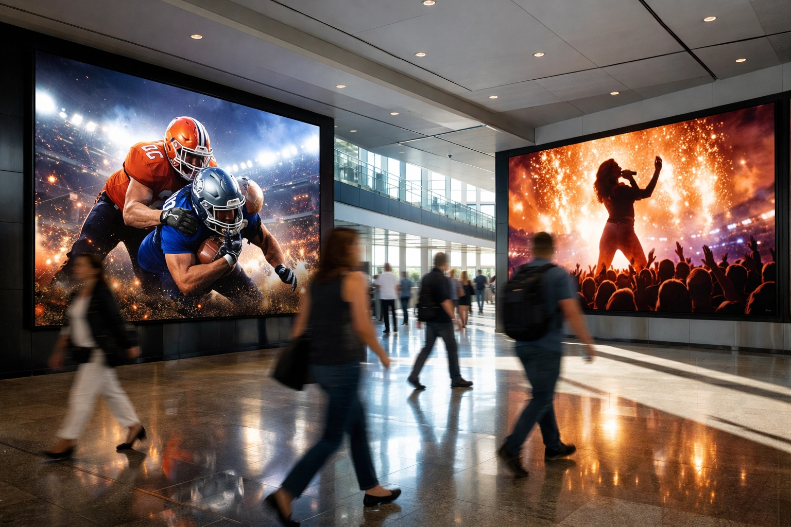 Digital media displays in a modern transit hub illustrating a strategic approach to brand development and consumer engagement.