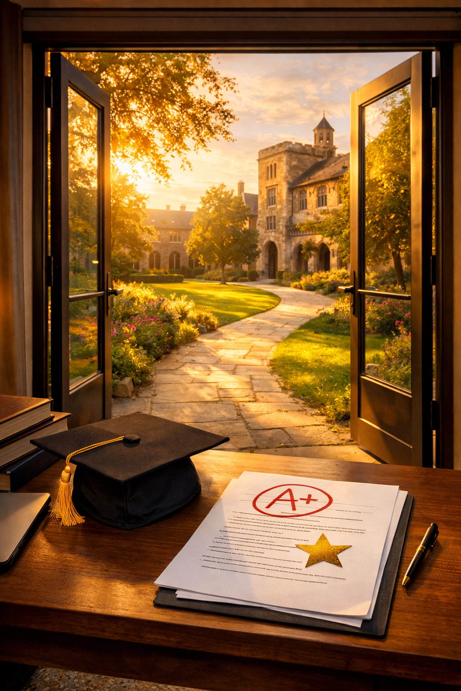 A graduation cap and A* exam results on a desk, showing academic success achieved via online tutoring.