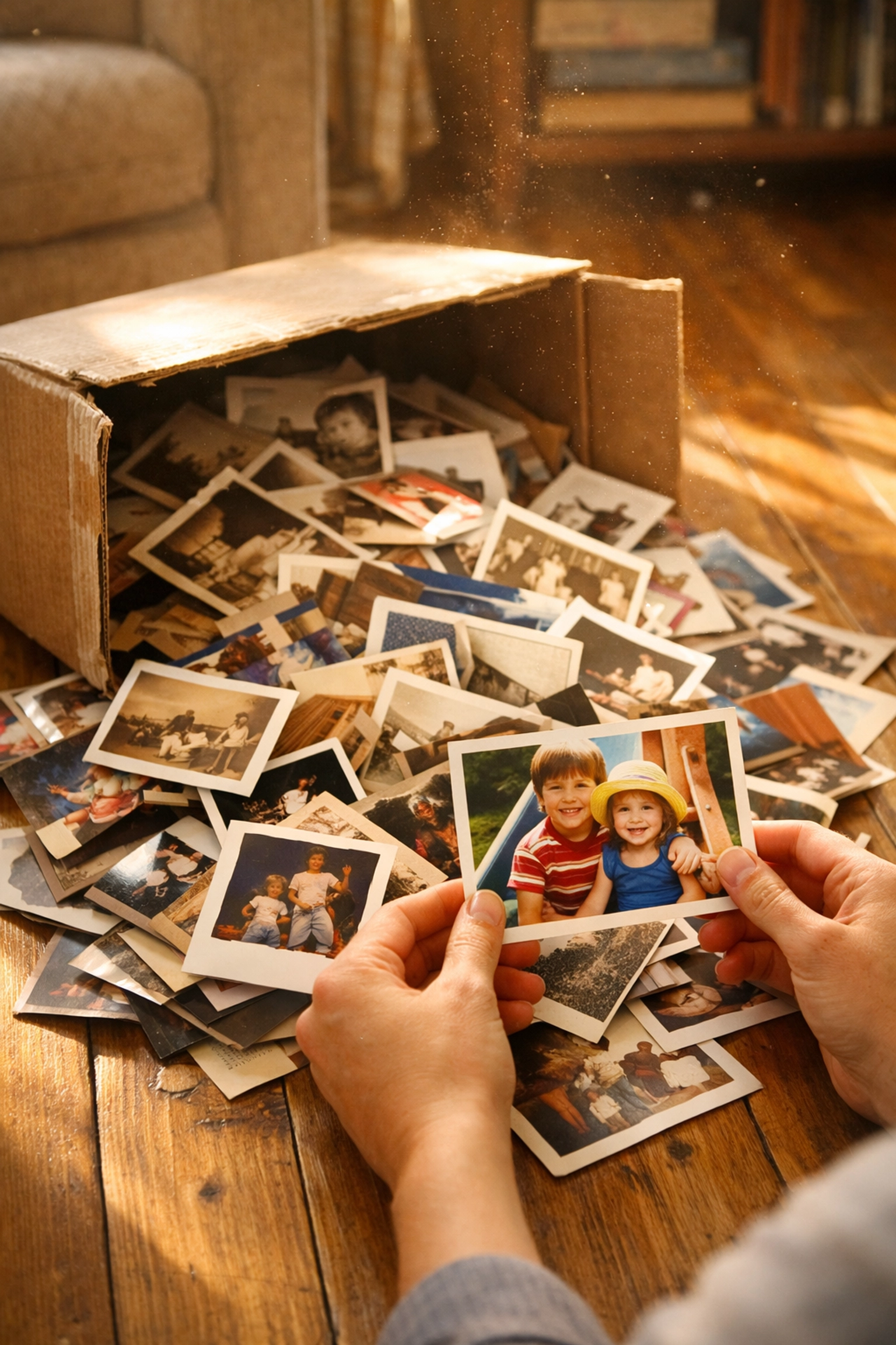 Sorting old family photos and Polaroids from a box for printed photo organization.