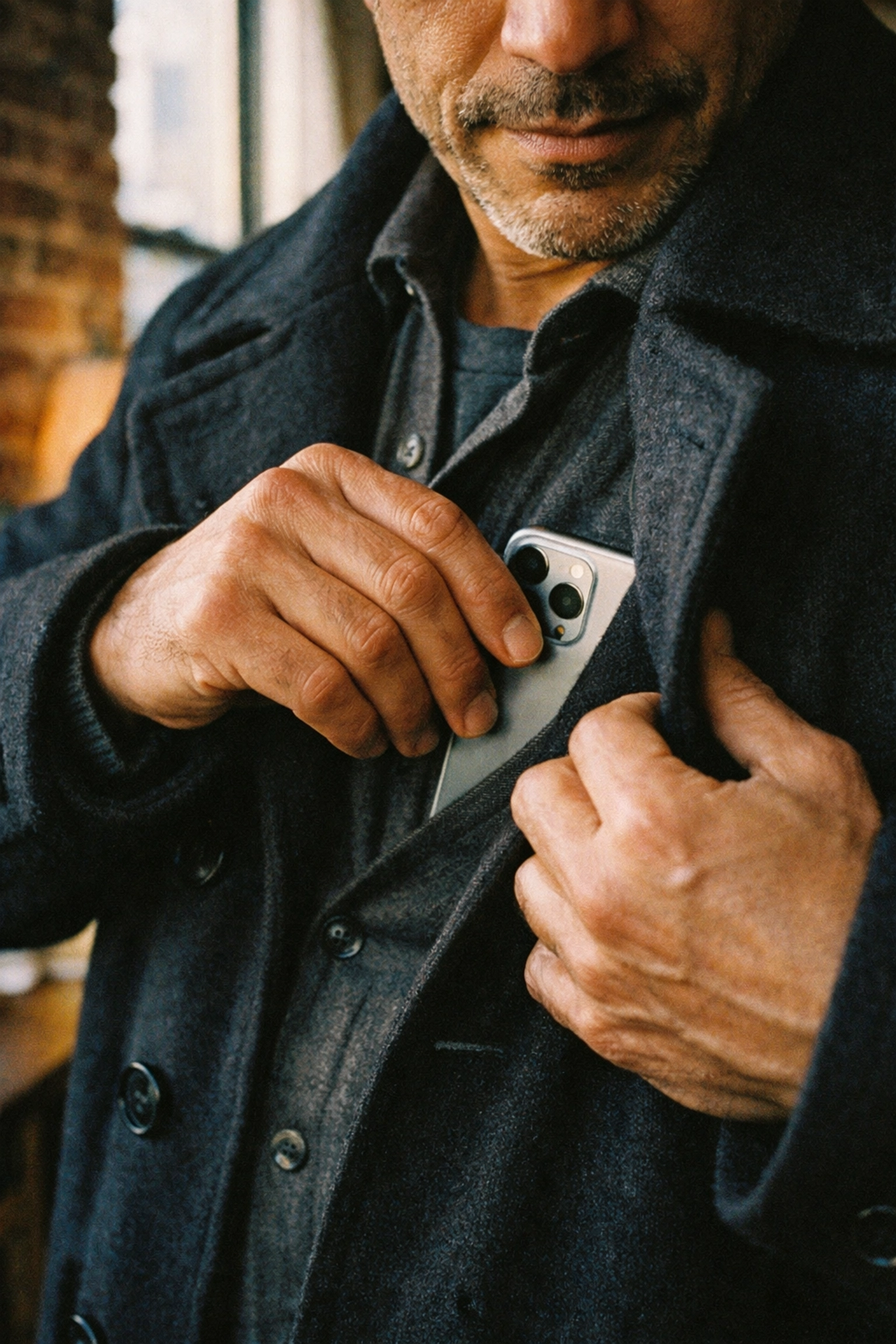 Person tucking iPhone into inside jacket pocket to protect battery from NYC winter cold