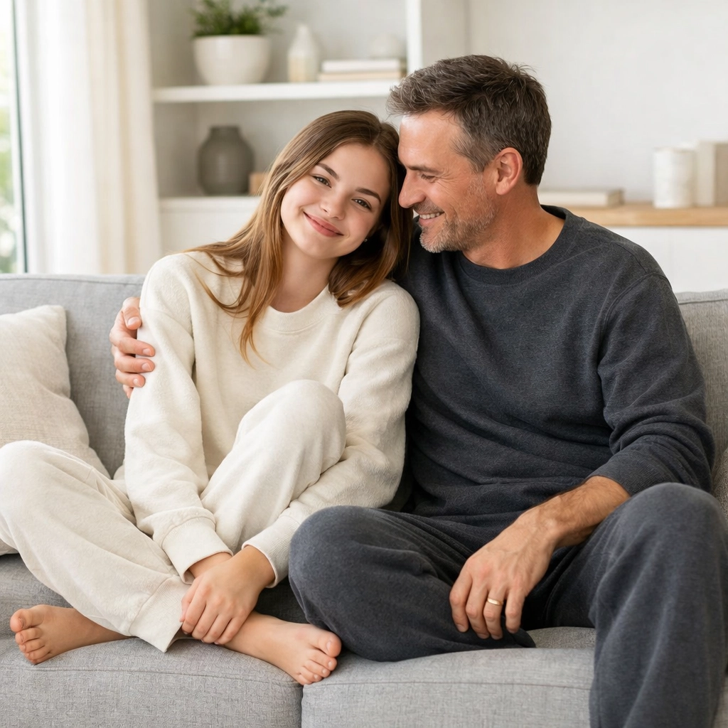 Parent and teen daughter in comfortable sensory friendly clothing enjoying a calm moment at home.
