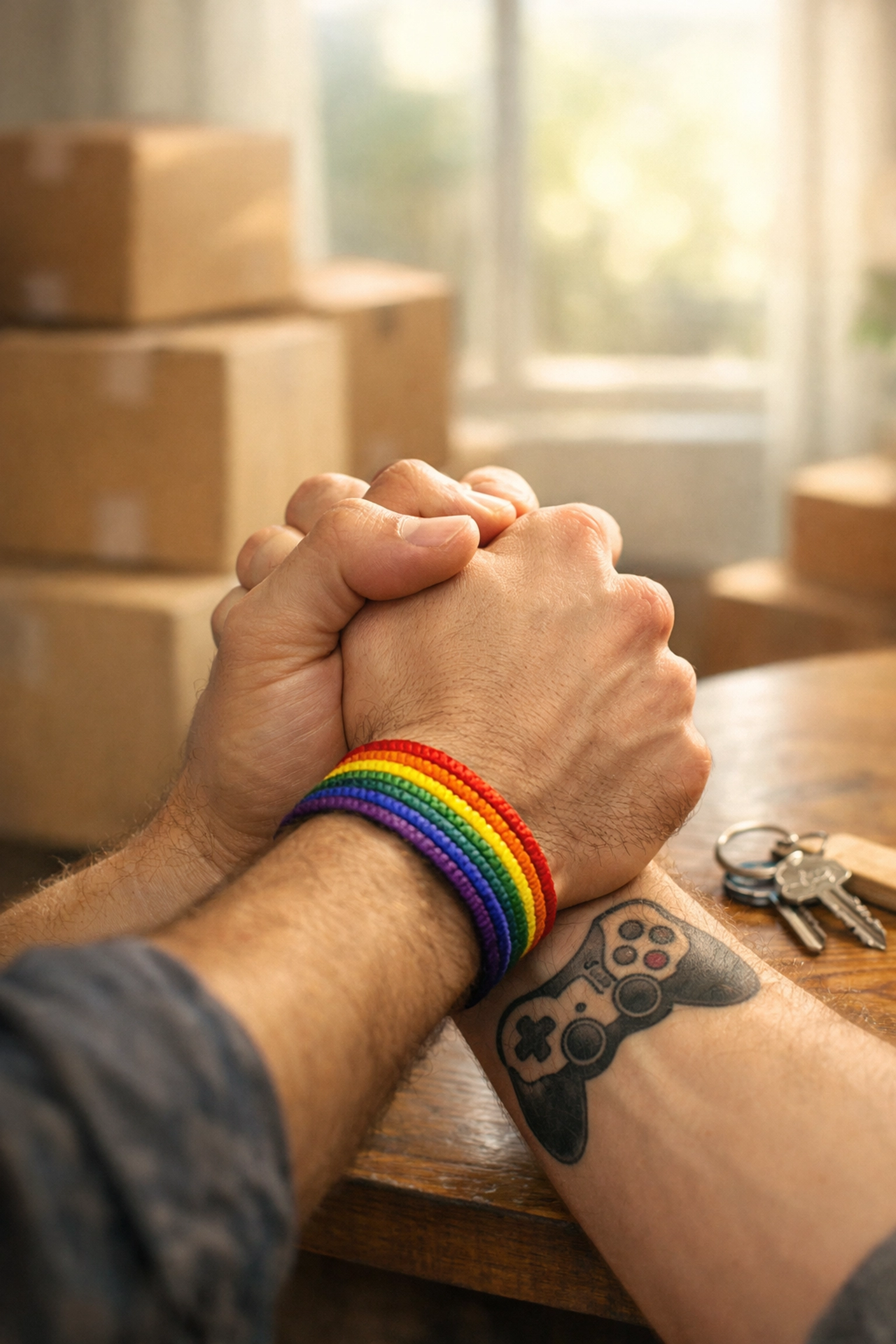 Gay couple holding hands with moving boxes, symbolizing commitment and moving in together