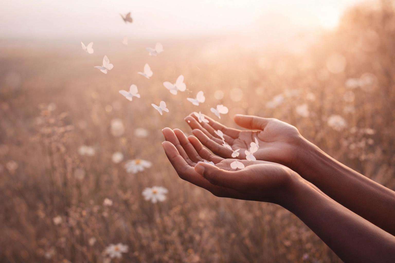 Faceless close-up of medium-dark skin hands releasing paper butterflies into soft morning light