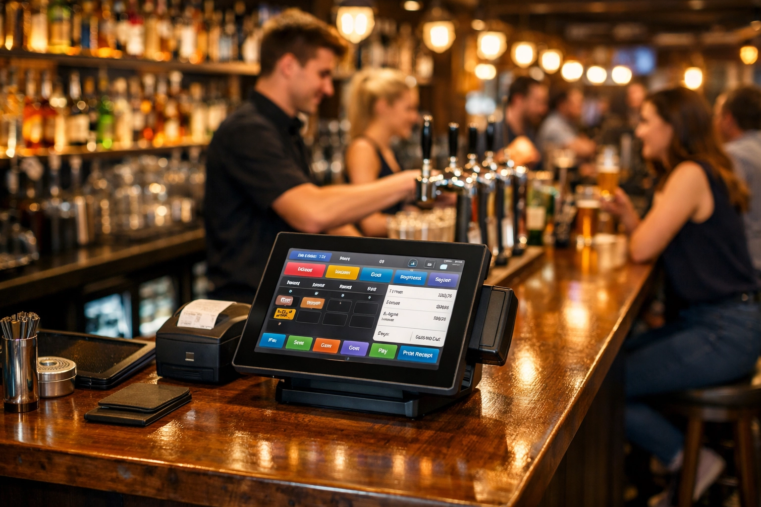 Modern POS terminal on pub bar counter during busy evening service with bartenders serving customers