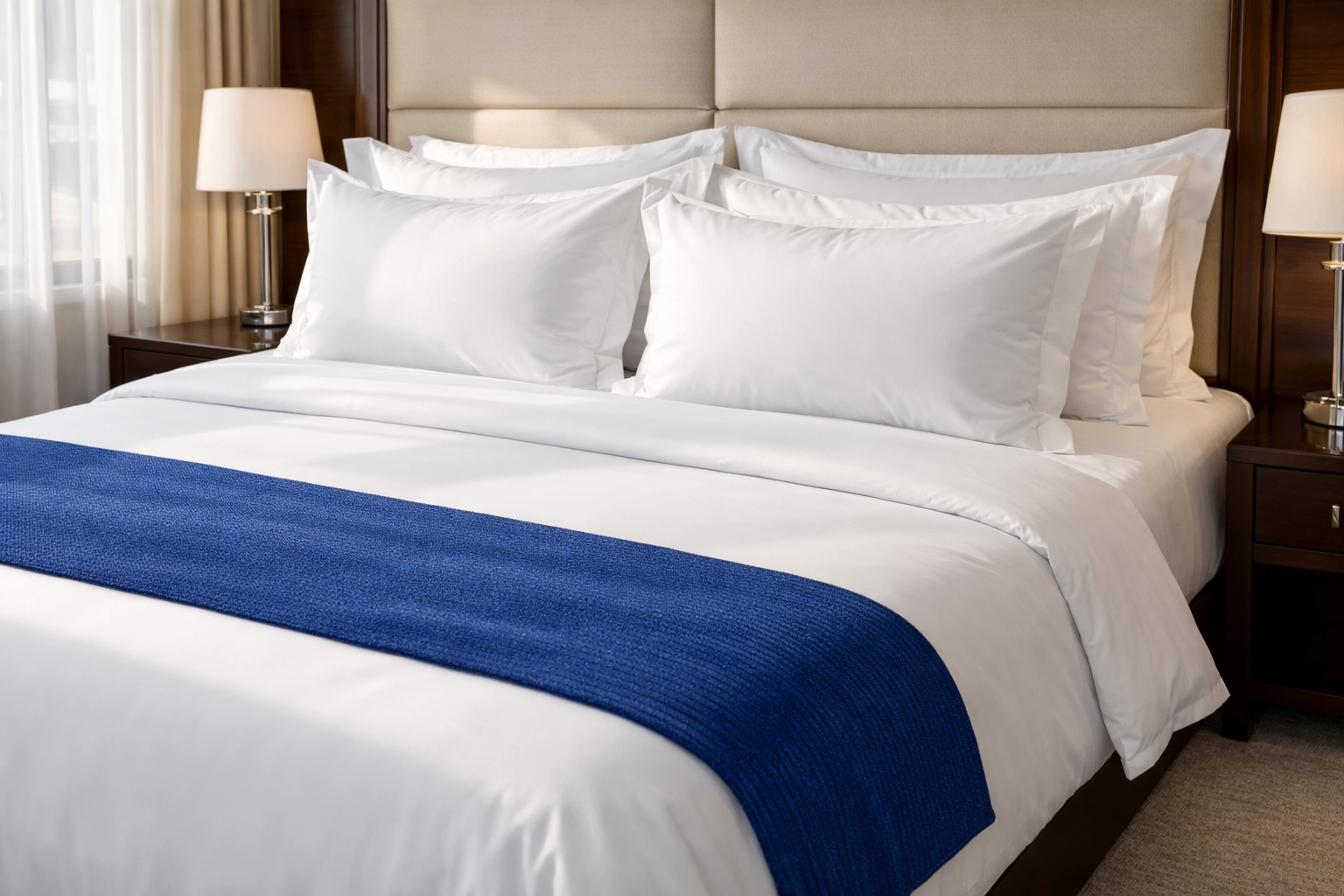 Pristine luxury hotel bed showing the results of expert serviced accommodation cleaning.