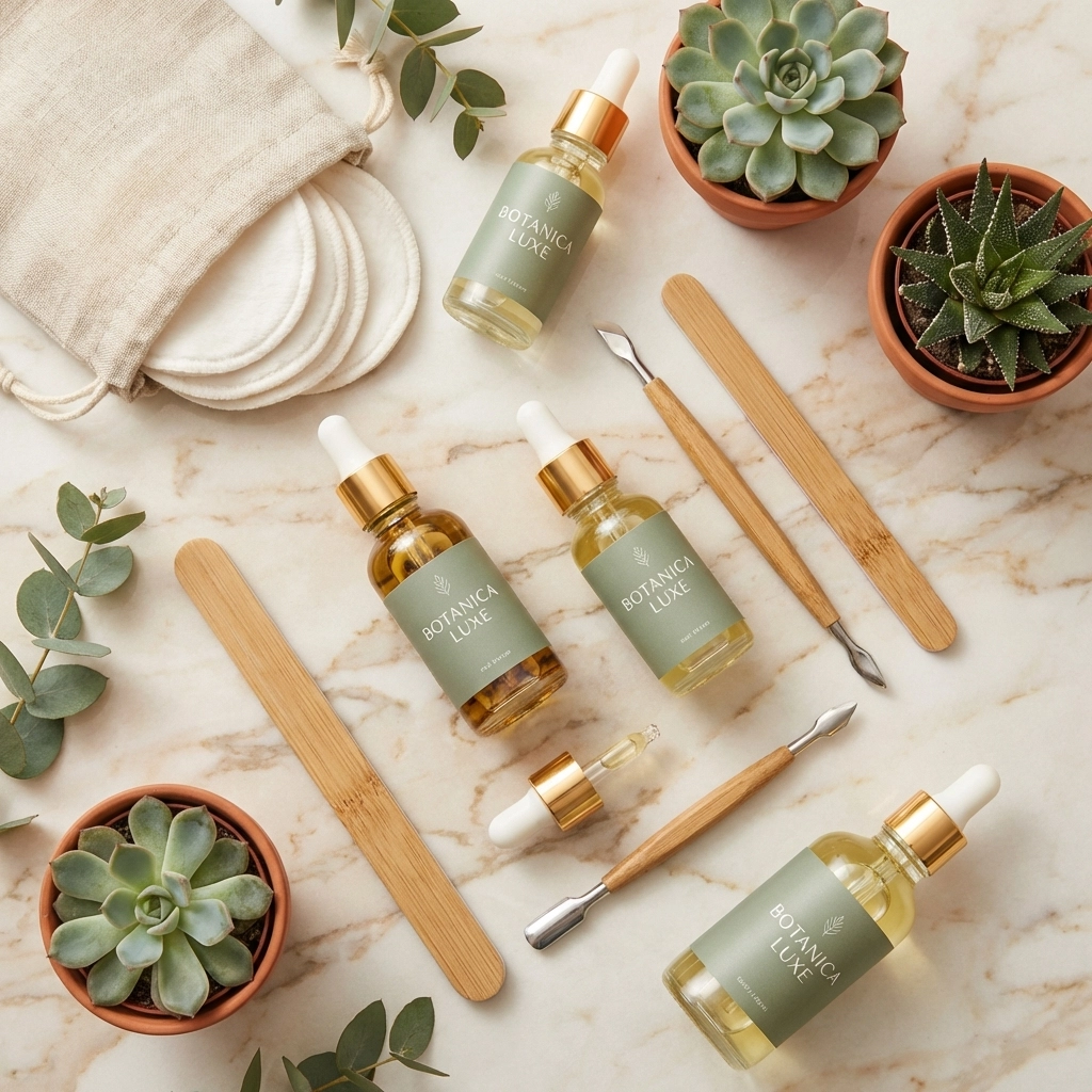 Eco-friendly nail care products and tools arranged on marble, highlighting sustainable options in Norwood MA salons.