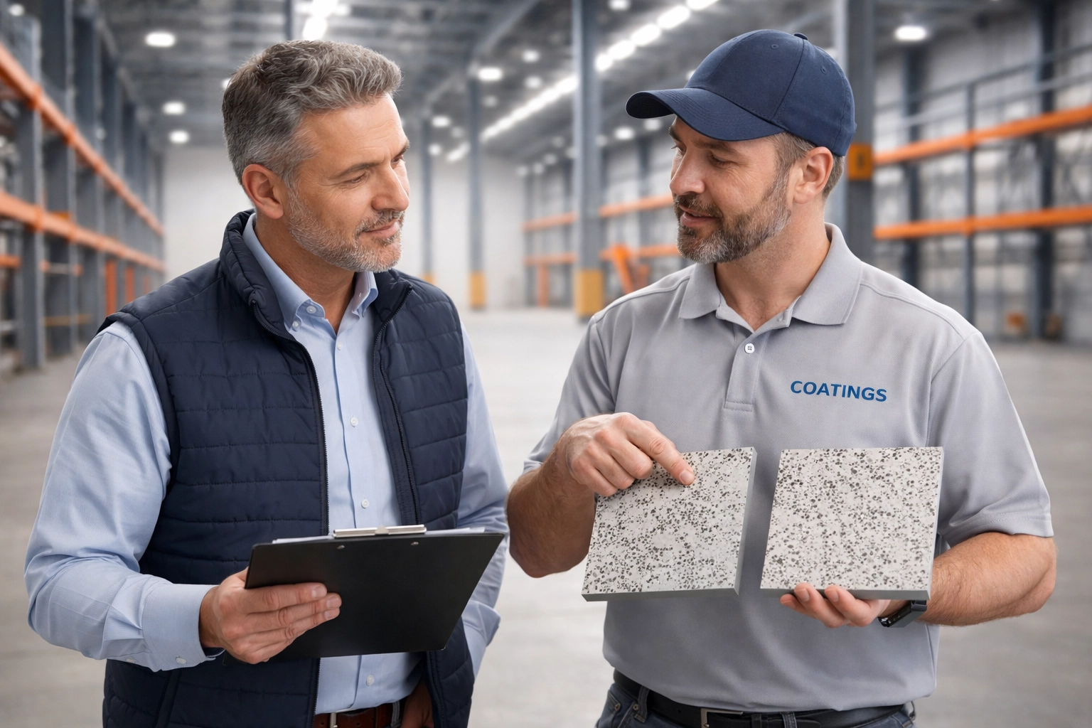 Facility manager and industrial coating specialist reviewing epoxy and polyaspartic floor samples in an Atlanta warehouse for optimal safety coatings.