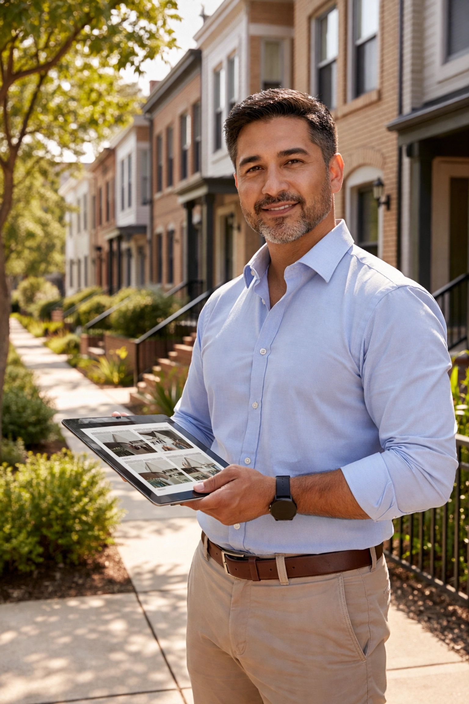 Real estate agent standing in front of Maryland townhome in DMV neighborhood