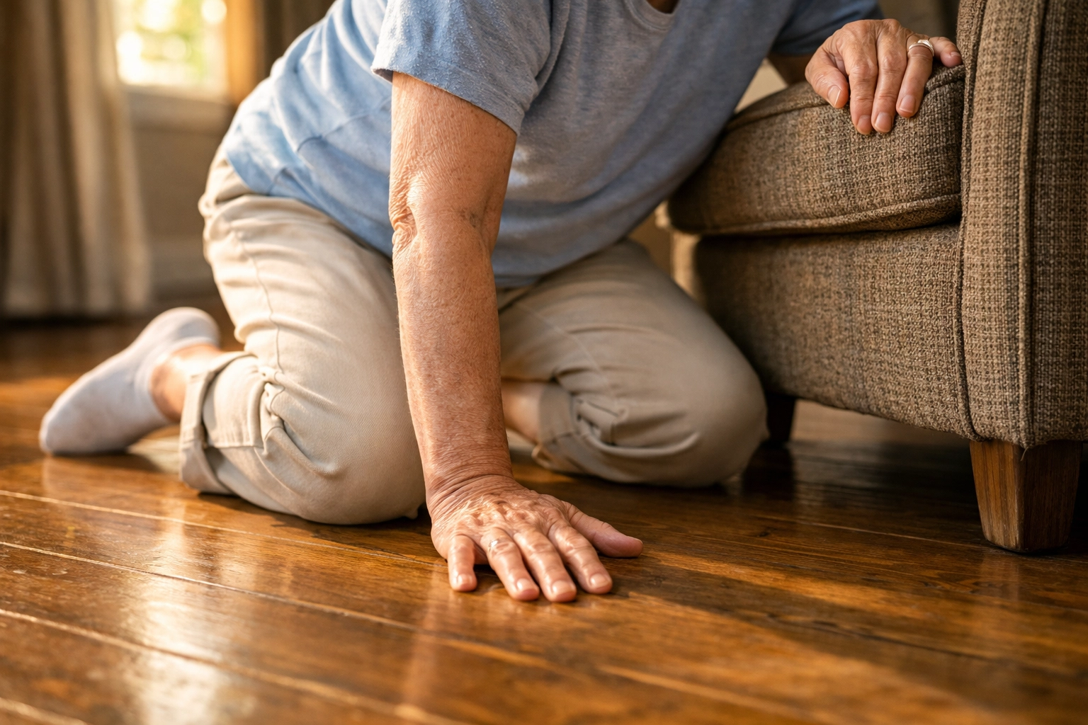 Elderly person in kneeling position getting up safely after fall using chair for support