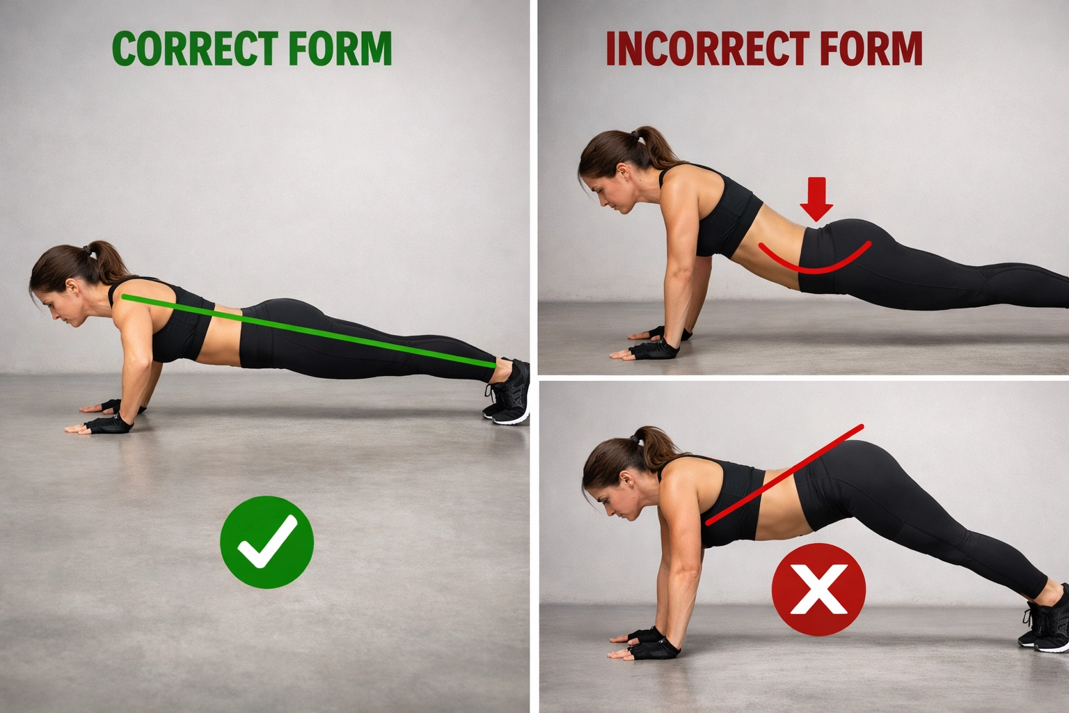 Proper vs improper push-up form comparison showing correct bodyweight training technique