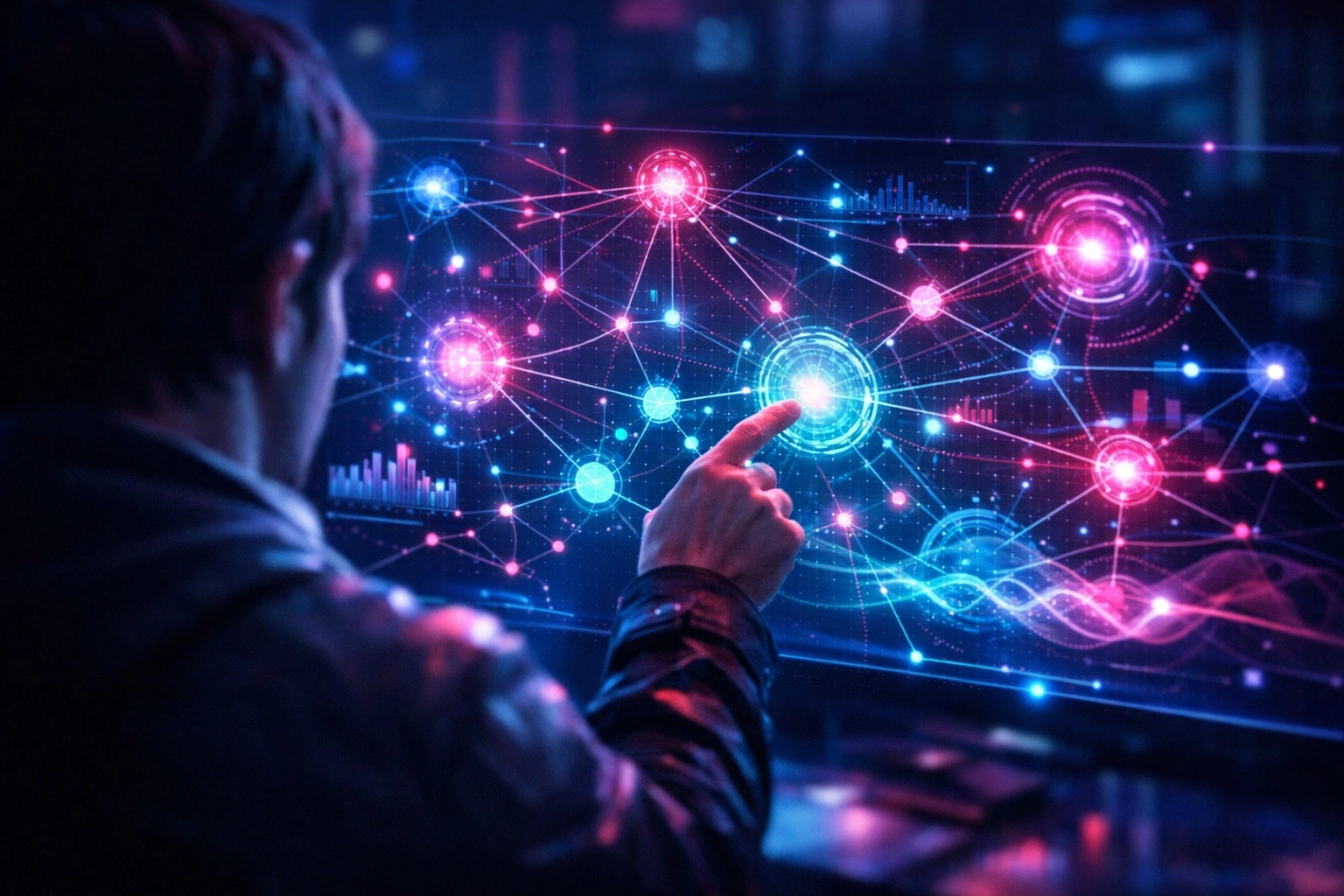 A person interacting with synthesized data nodes representing AI-powered search results.