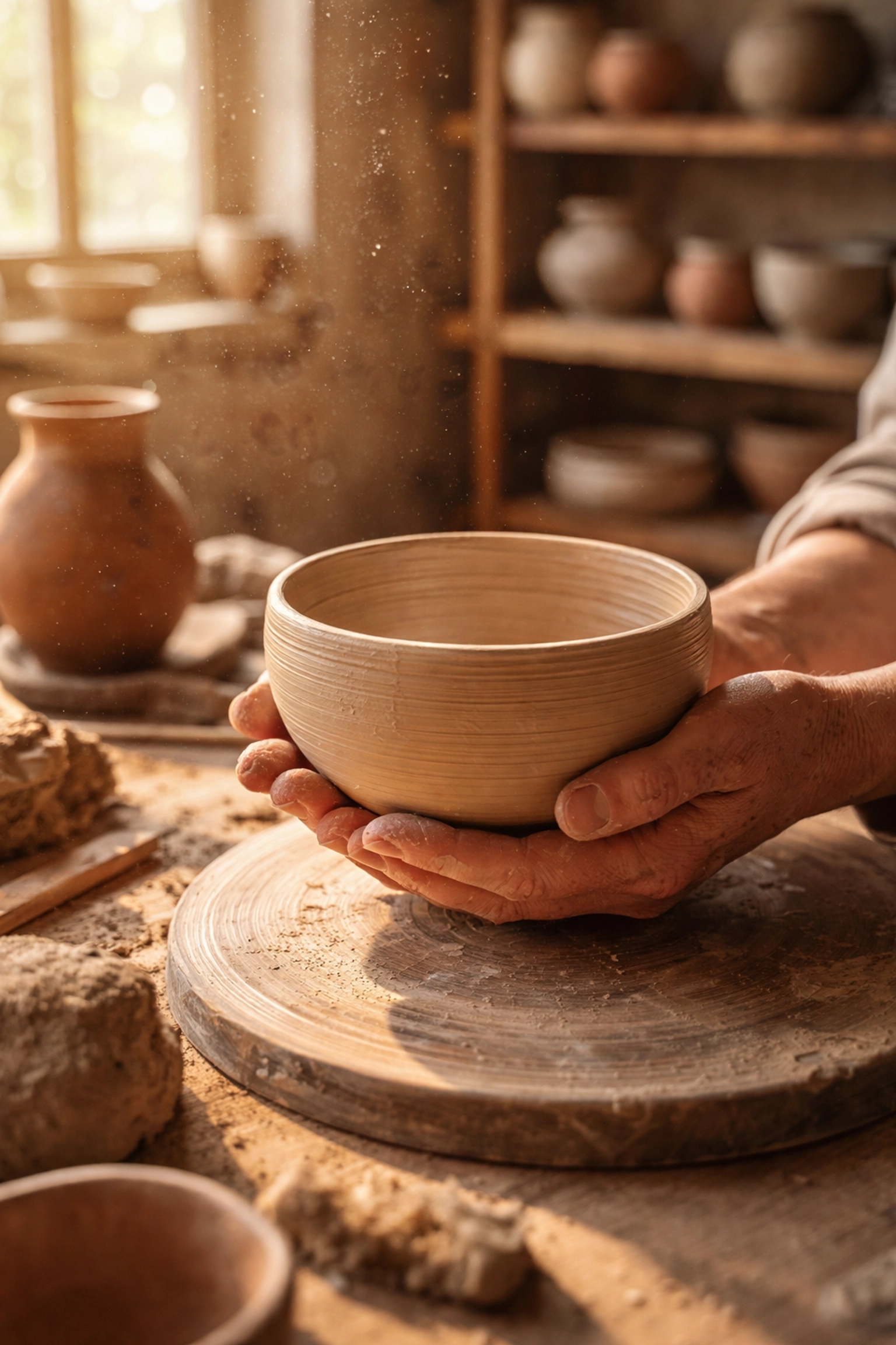 Potter's hands shaping a handmade ceramic bowl showing unique imperfections in a rustic studio setting.