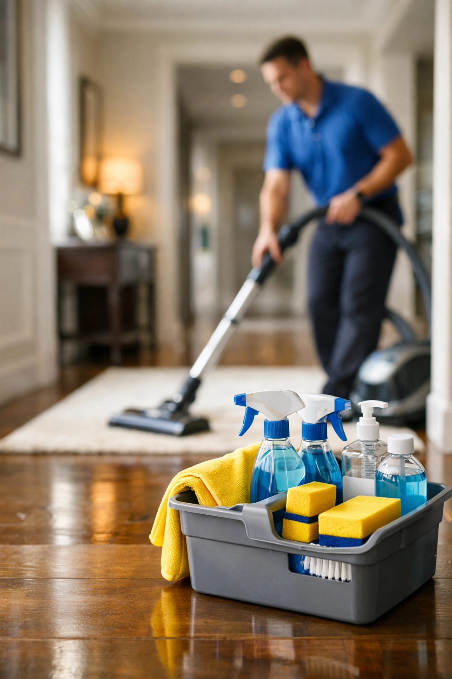 Professional cleaner vacuuming a high-end home hallway as part of a reliable House Cleaning Shirley MA.