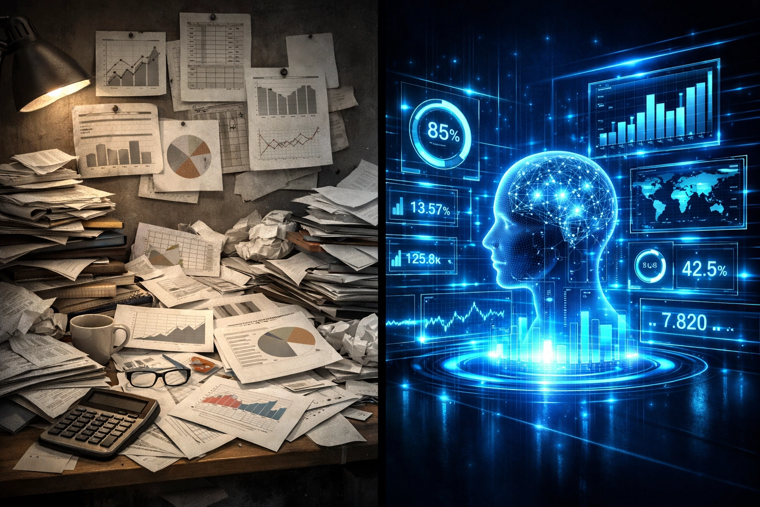 Traditional marketing reports versus modern AI-powered marketing analytics dashboard