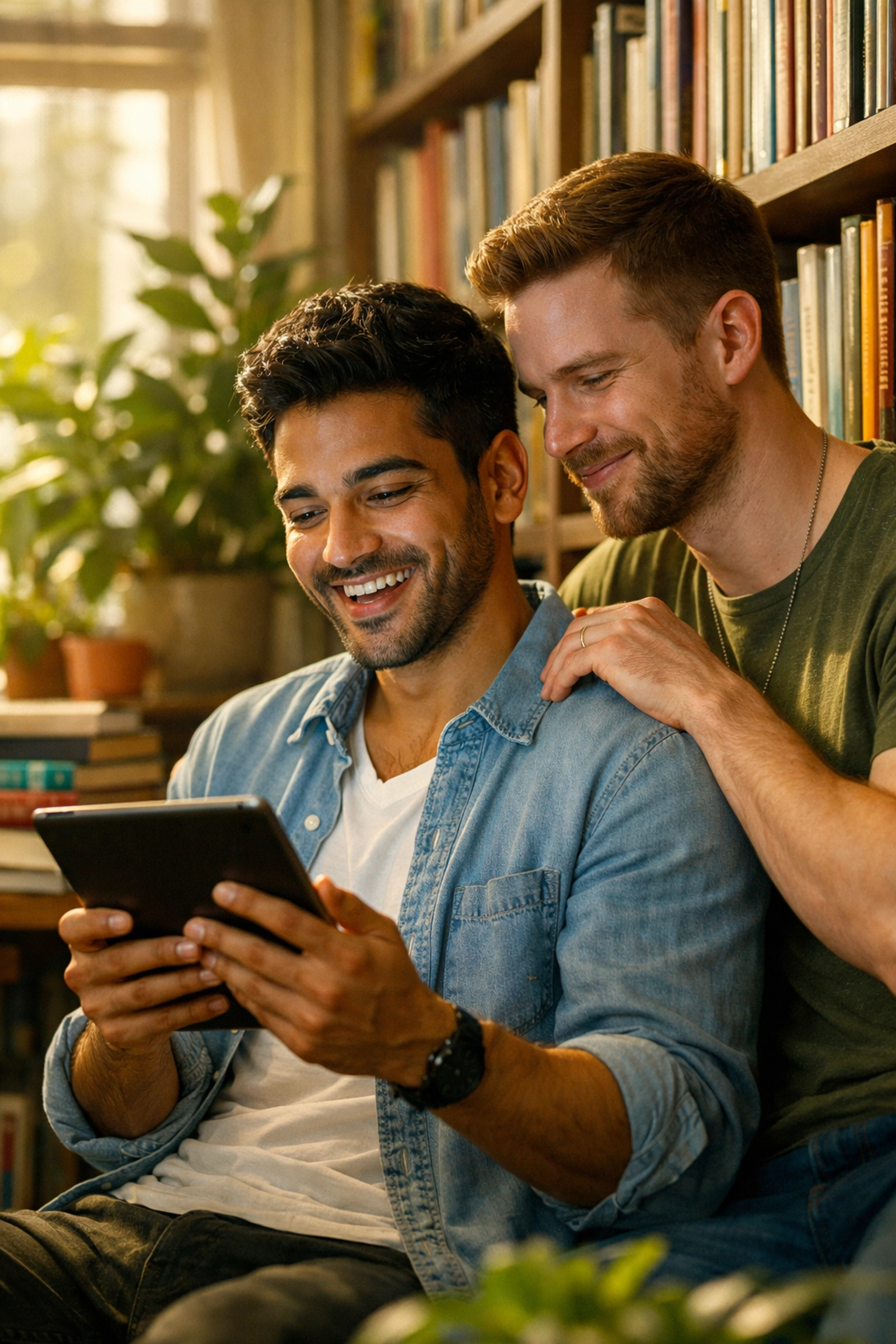 A happy gay couple discovering new queer fiction and MM romance ebooks together in a home library.