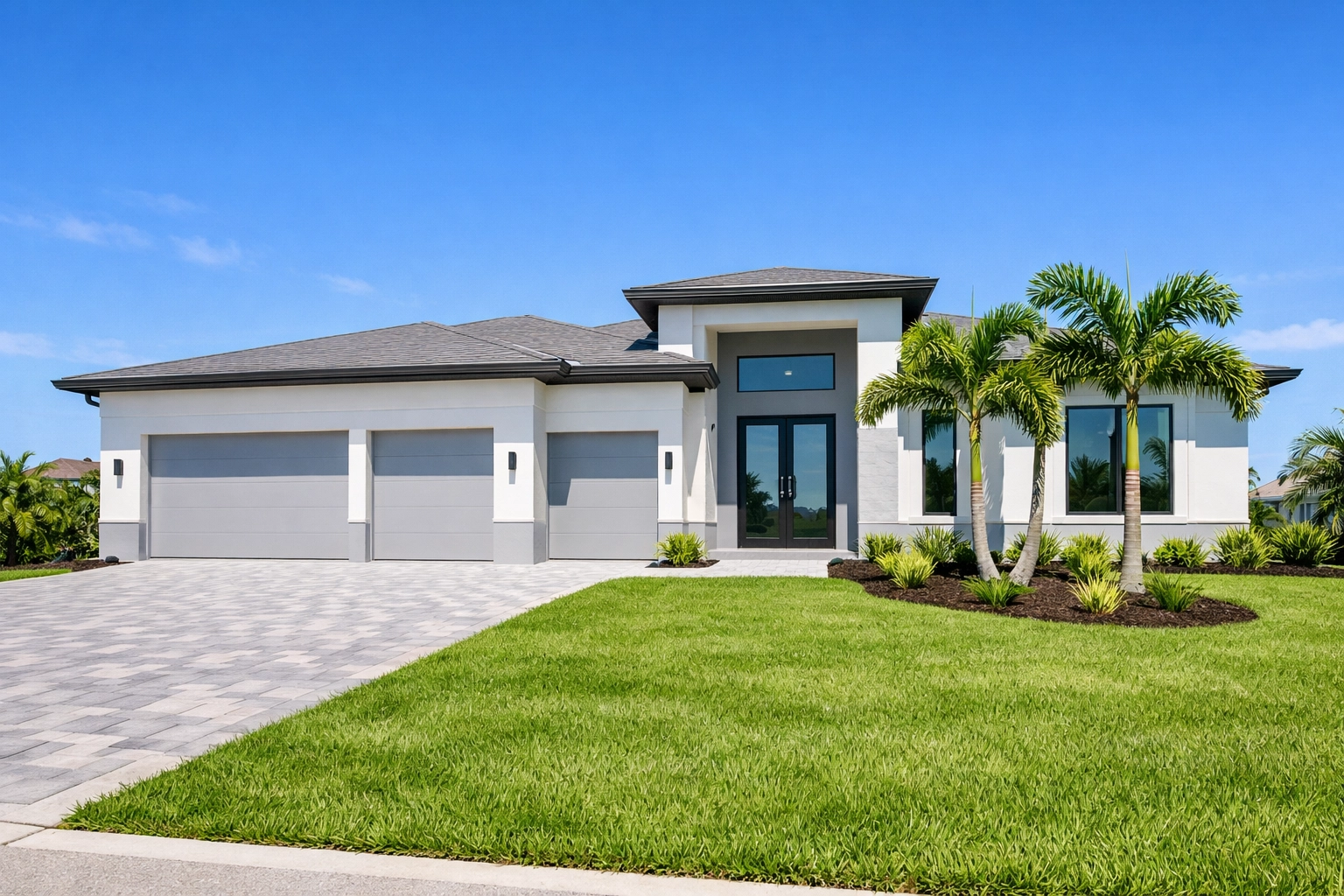 Brand new modern home in NW Cape Coral featuring contemporary design and a spacious yard.