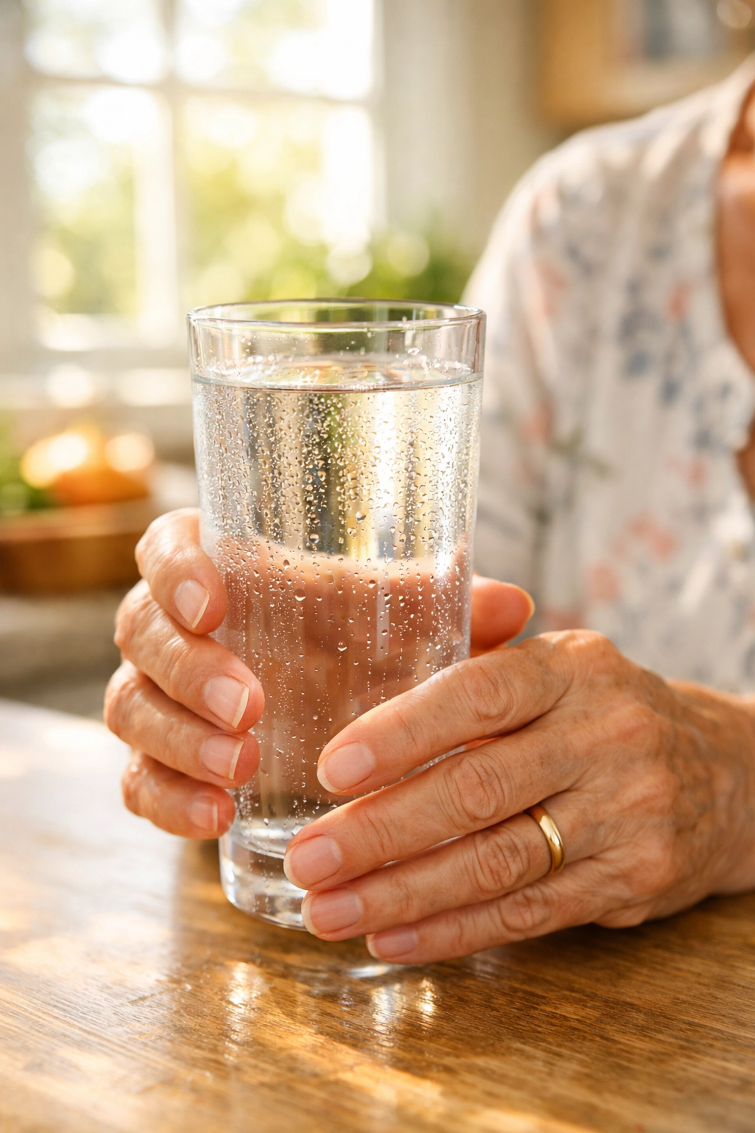 Senior woman holding fresh glass of water for proper hydration and fall prevention