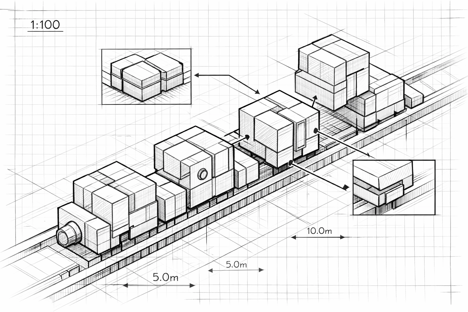 Blueprint sketch showing modular blocks assembled for a customized pipeline automation workflow.