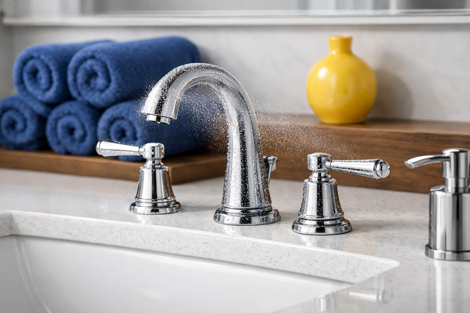 Professional house cleaning in Townsend MA: letting disinfectant sit on a bathroom faucet for sanitization.