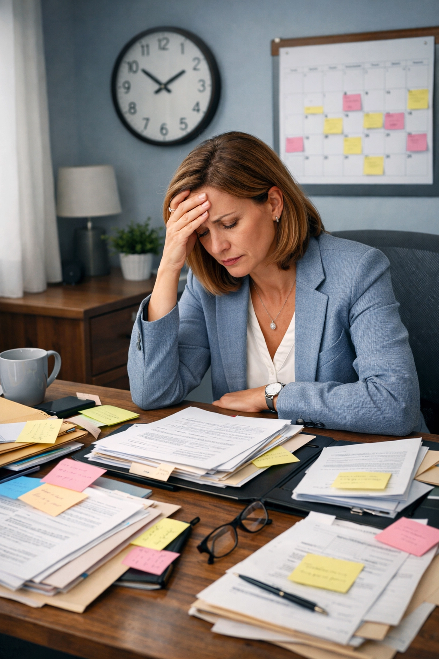 Stressed therapist surrounded by late patient files and documentation deadlines