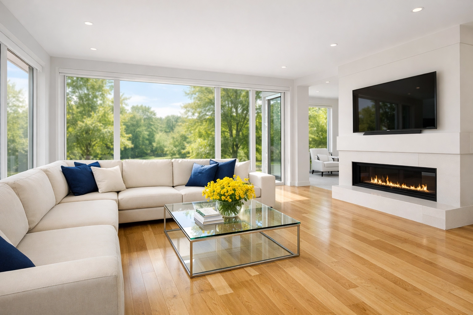 Spotless modern living room in Tewksbury representing the standard of Ninja-Level Cleanliness in Tewksbury.