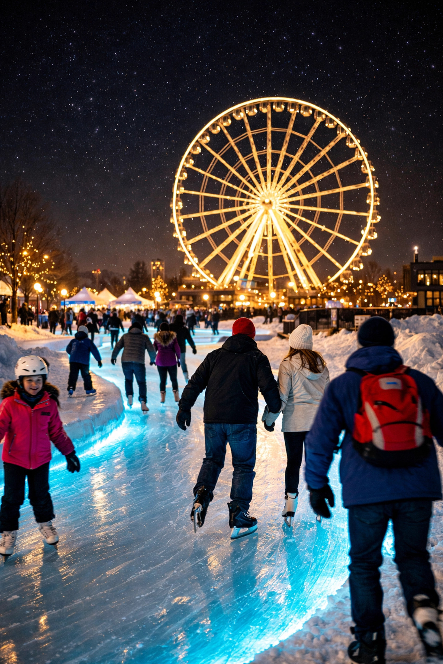 Skaters on the illuminated ice trail at Place Loto-Québec with the giant Ferris wheel in the background.