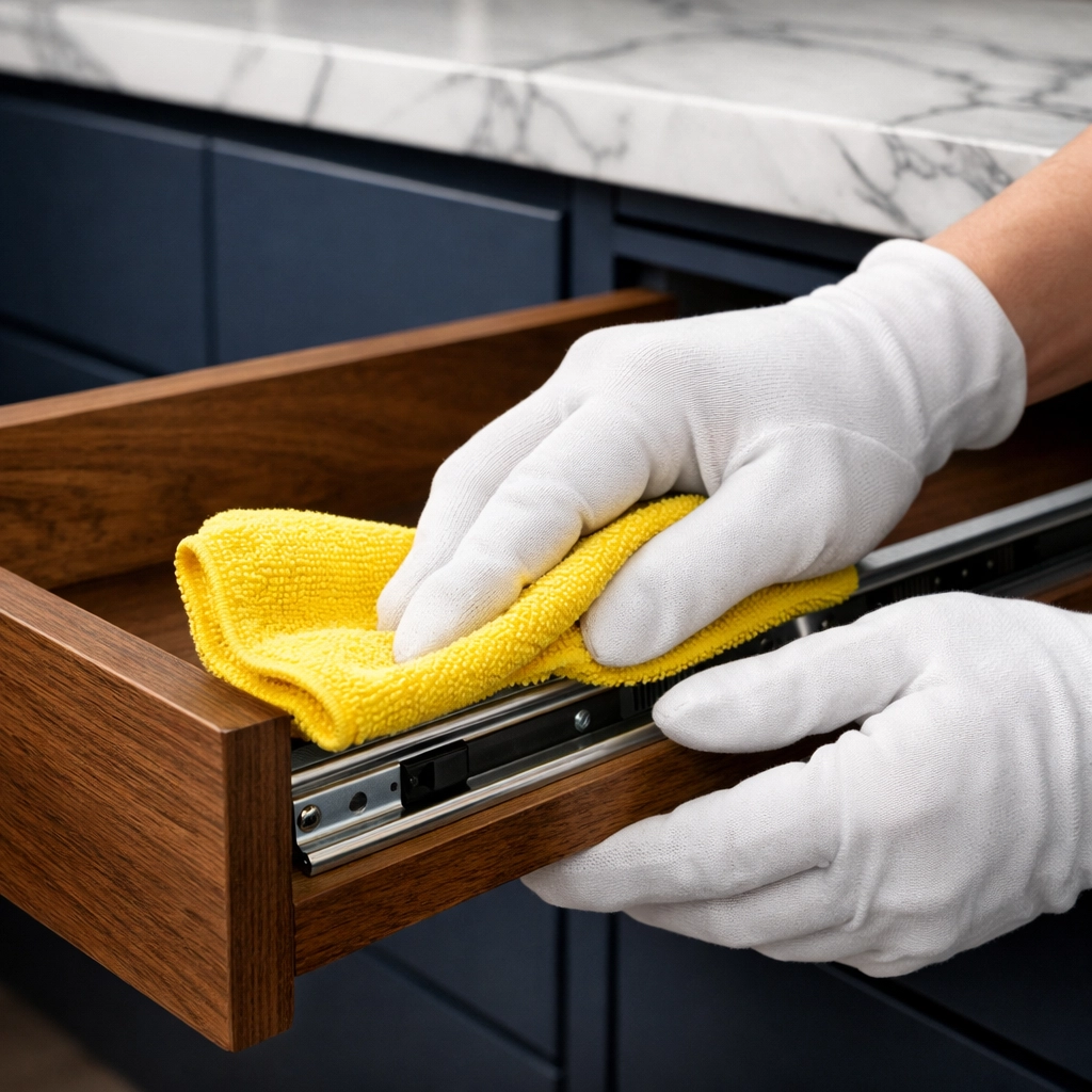 Detailed post-construction cleaning MA focusing on removing hidden dust from kitchen drawers and cabinets.