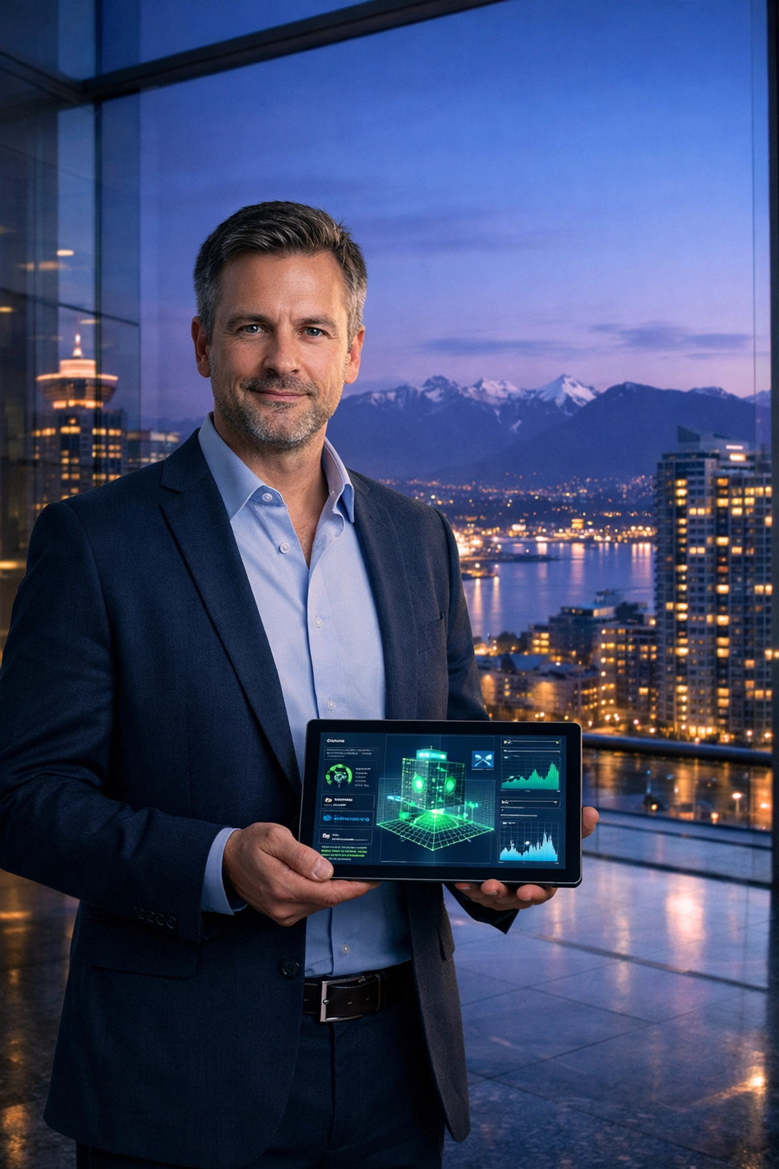 Vancouver property manager monitoring building water safety and leak detection systems on a digital tablet.