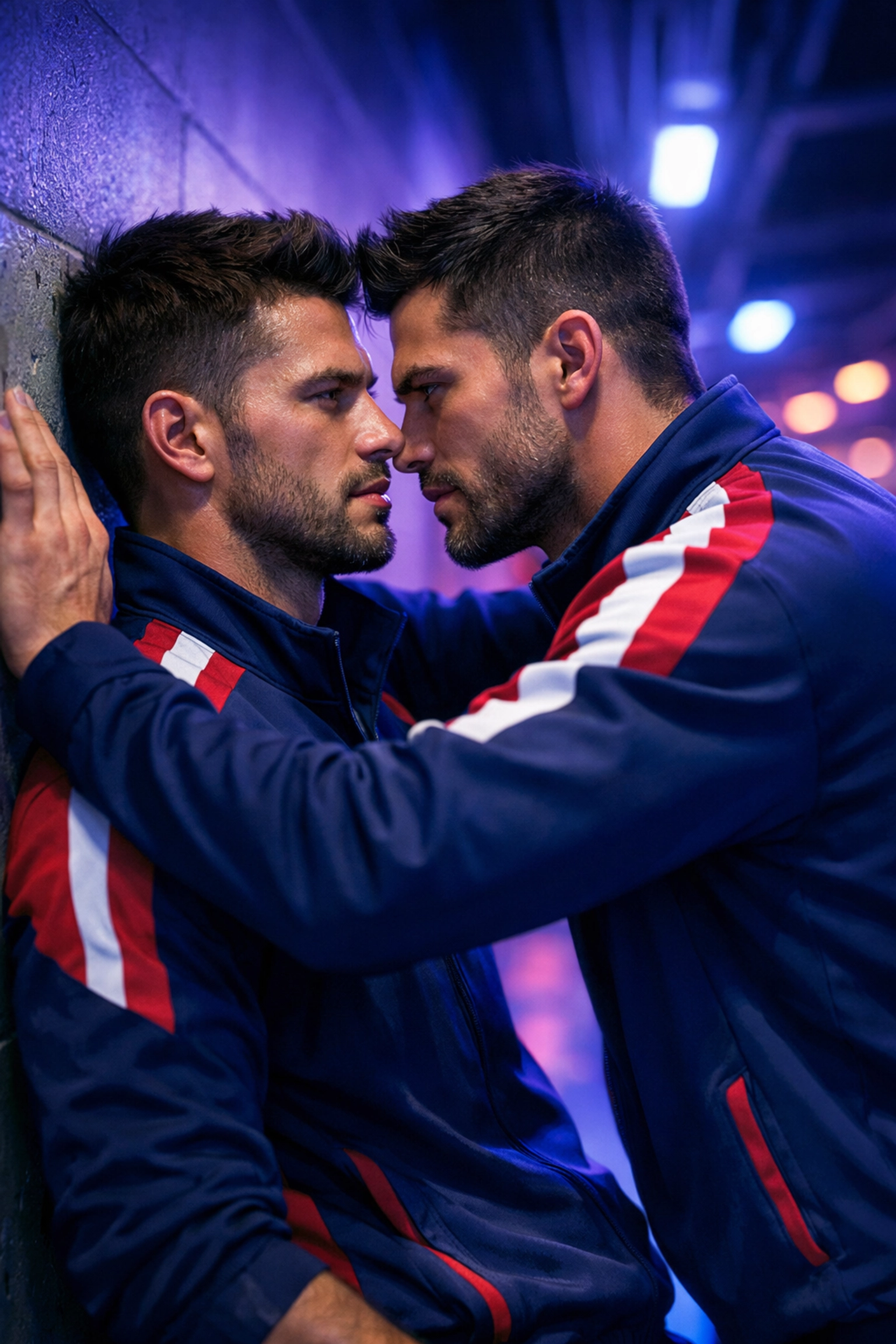 Two male teammates in a stadium tunnel sharing a romantic connection in a heartfelt MM sports romance.