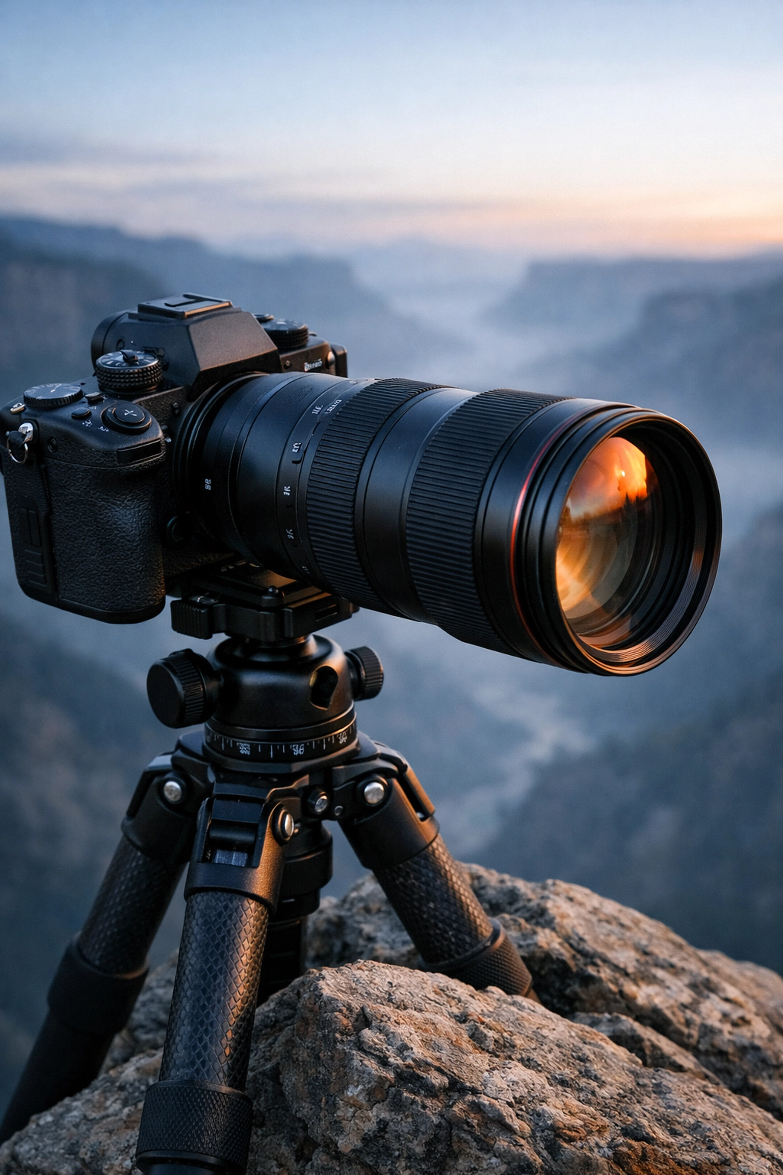 Mirrorless camera and lens on a tripod for landscape photography gear during a misty sunrise.