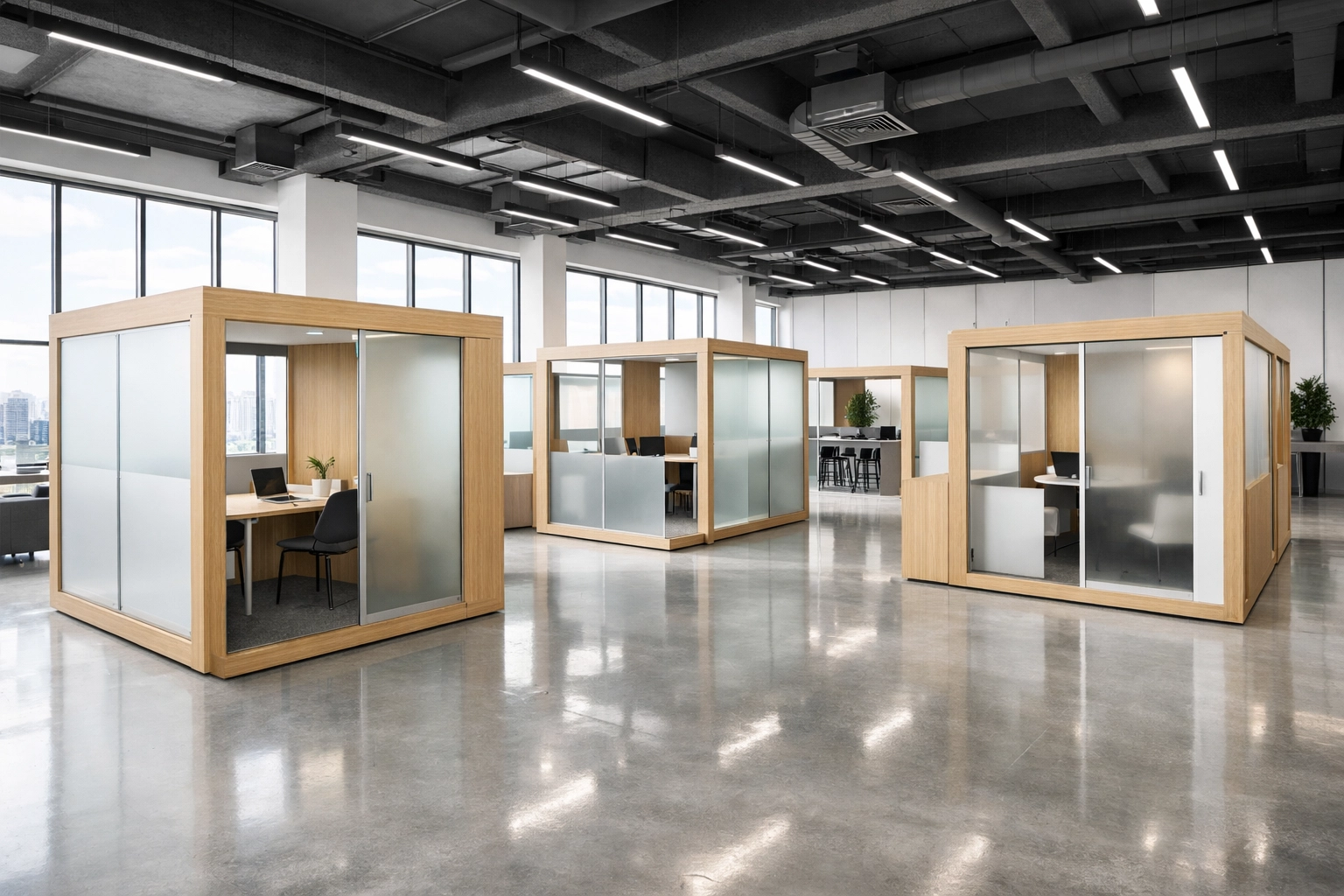 Modern open-concept office floor featuring efficient modular pods for corporate training.