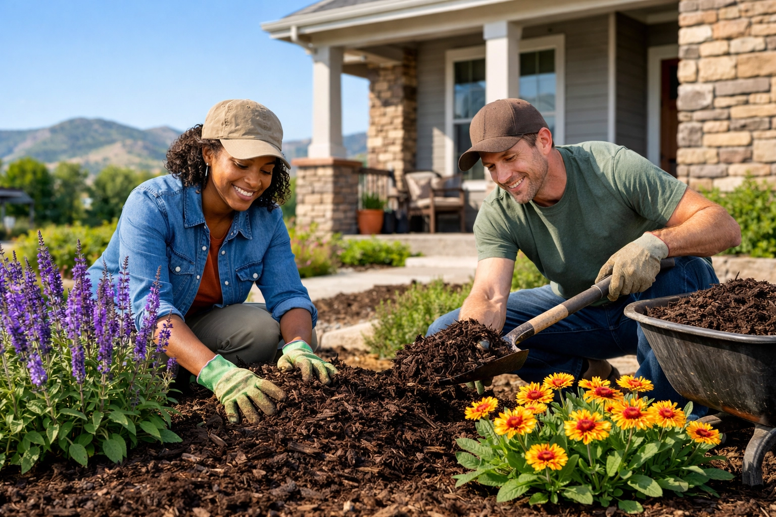 Homeowners mulching native Colorado plants in a Littleton yard, highlighting sustainable xeriscaping and curb appeal.
