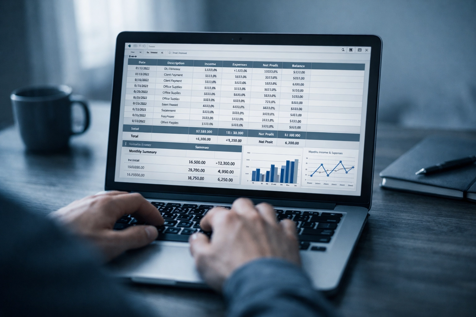 Remote bookkeeper working on financial spreadsheet without business context