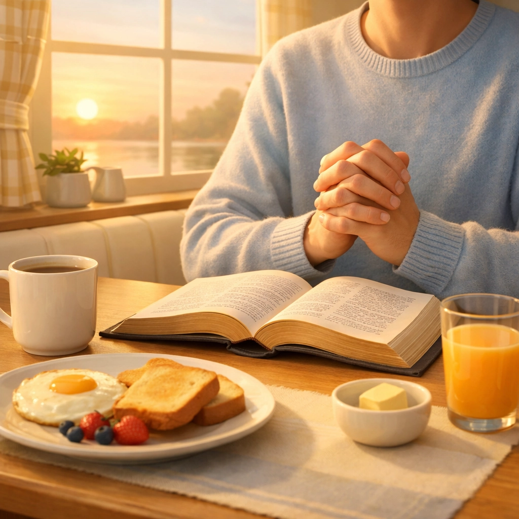 Person praying over open Bible at breakfast table with morning sunlight