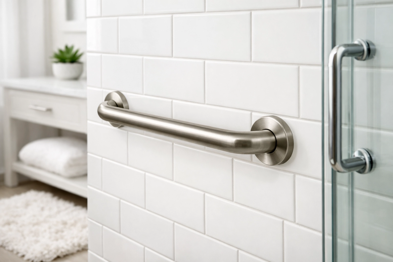 Brushed nickel grab bar installed in a bathroom to assist with balance and safety in the shower.
