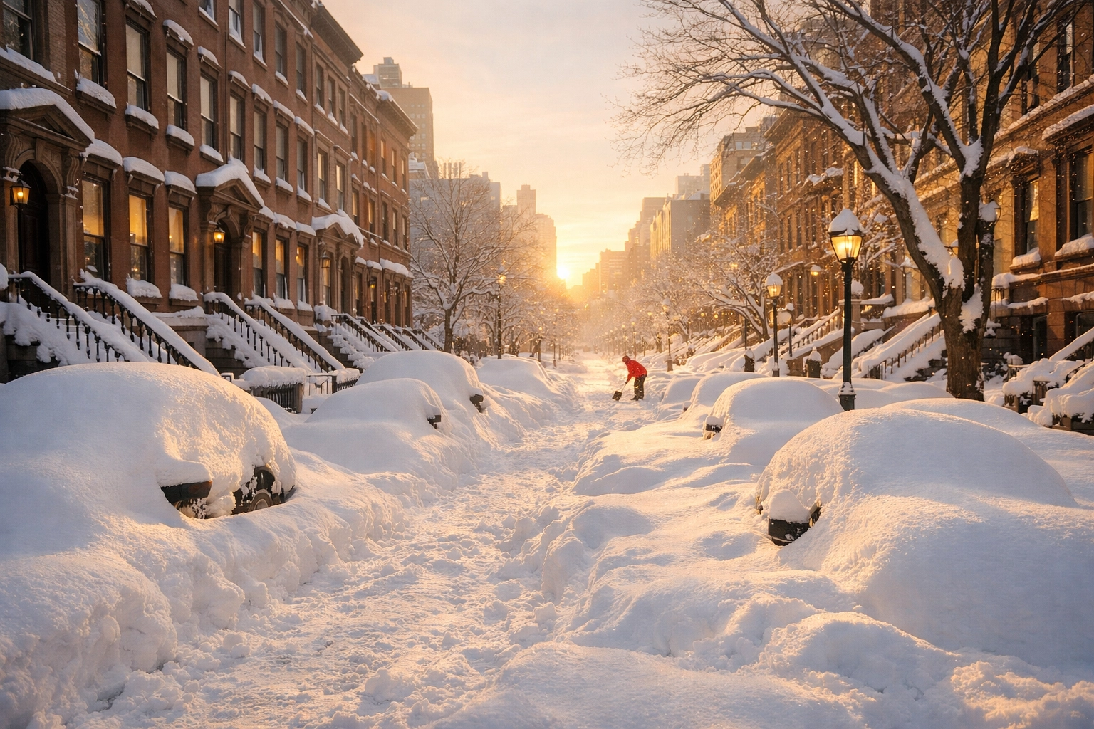 Sunlight on deep snow drifts in New York City after the historic Northeast blizzard, symbolizing resilience.