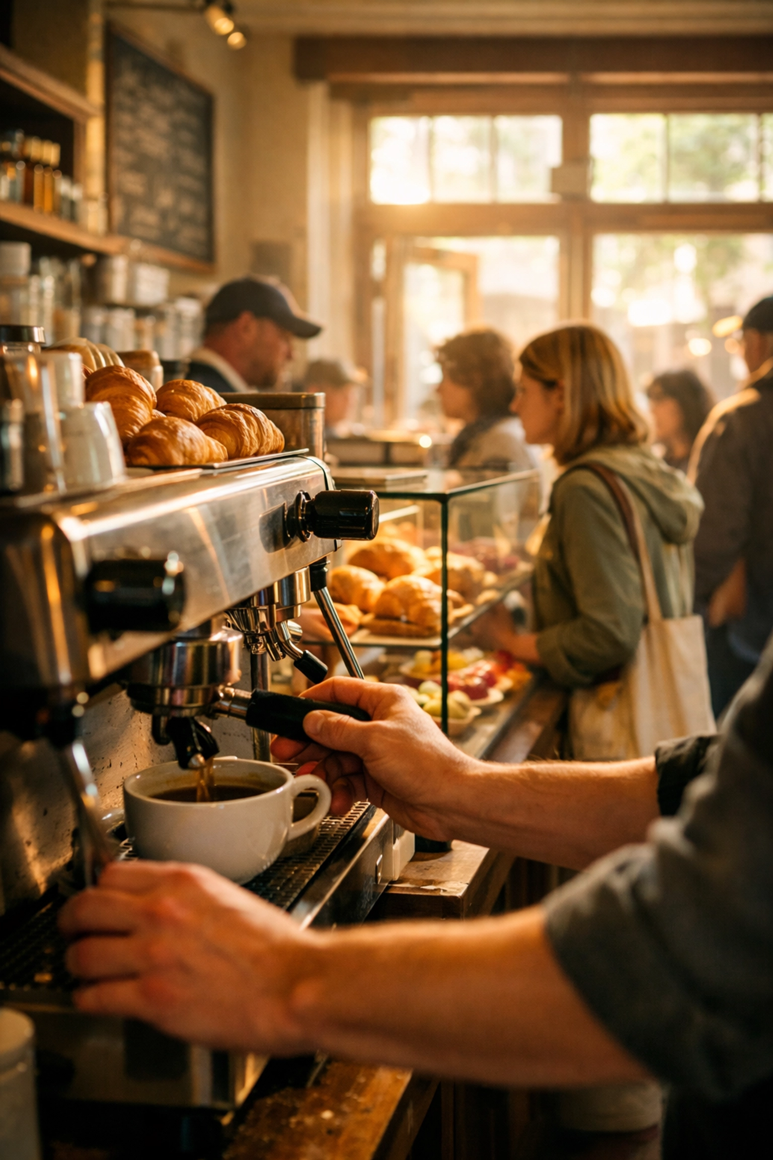 Busy neighborhood bakery with customers lined up at pastry counter